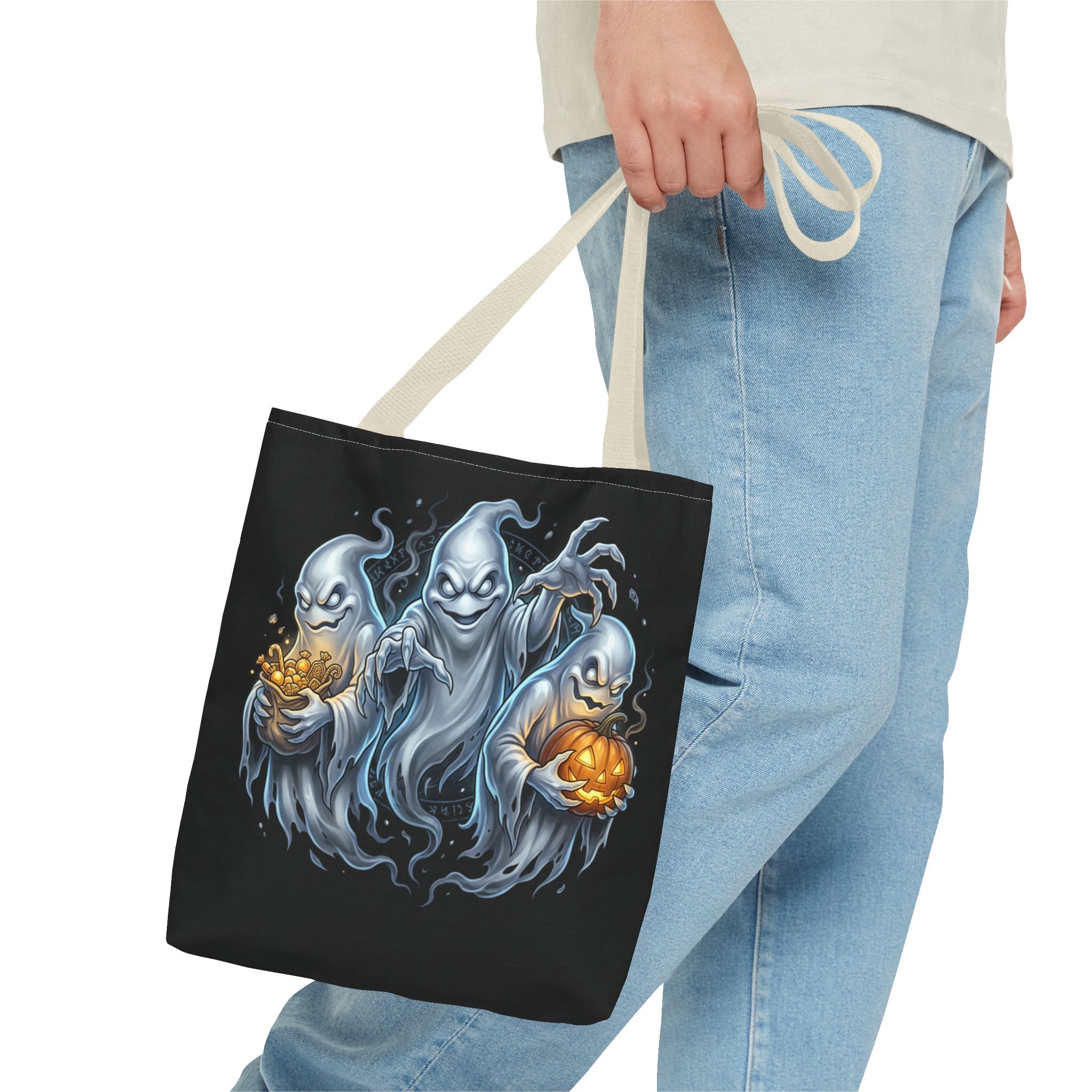 Halloween Ghost Trio Tote Bag — Spooky Pumpkin Trick-or-Treat AOP Tote