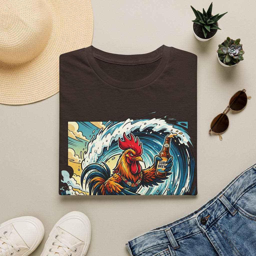 Surfing Rooster T-Shirt — Vintage Wave Rooster Holding Beer Graphic Tee