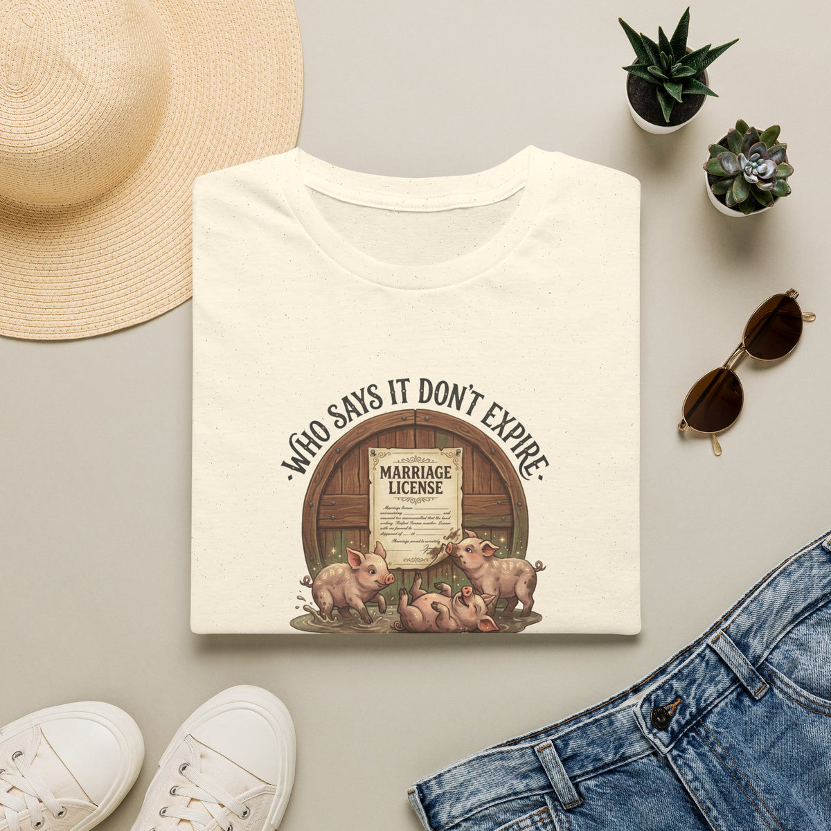 Funny Pig Wedding T-Shirt — "Who Says It Don't Expire" Marriage License Graphic Tee