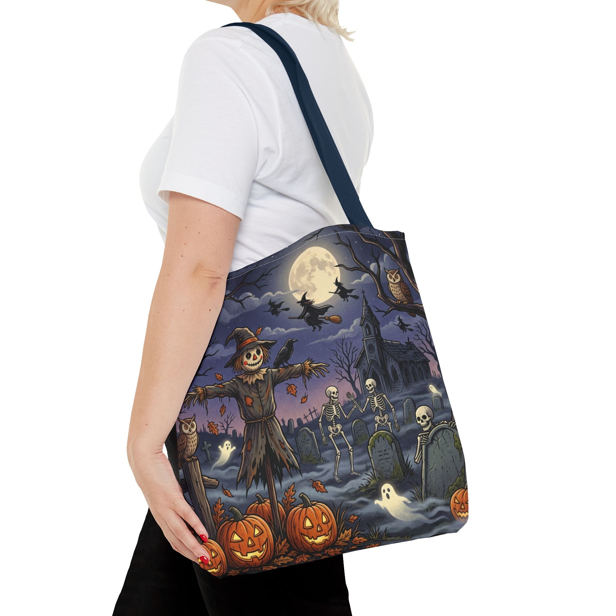 Halloween Haunted Night Tote Bag – Spooky Scarecrow & Skeletons All-Over Print