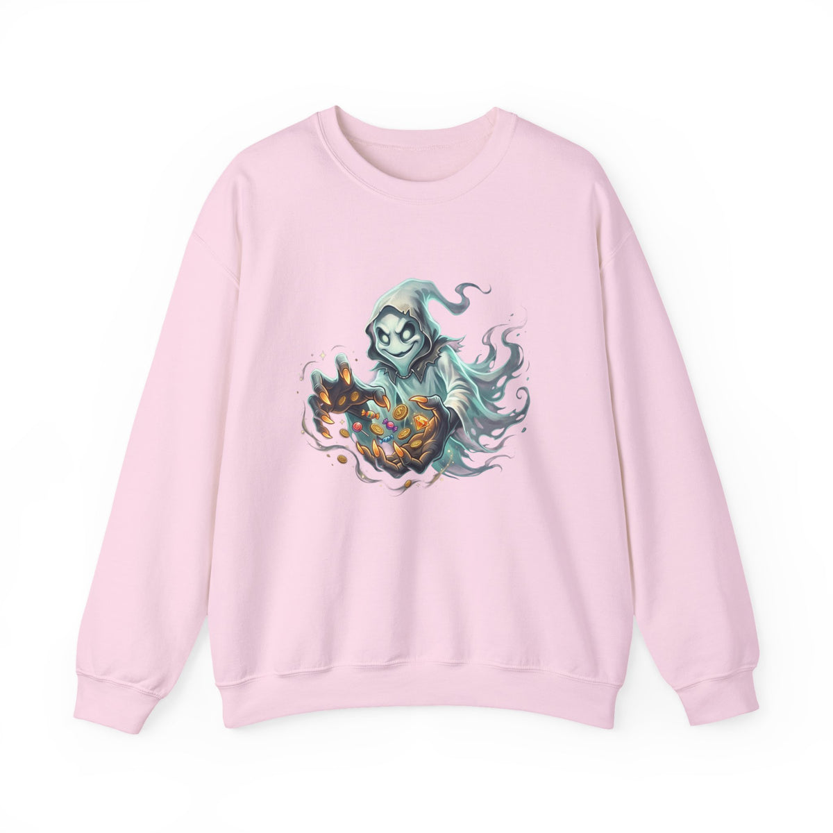 Treasure Ghost Halloween Crewneck Sweatshirt — Hooded Specter with Glowing Candy