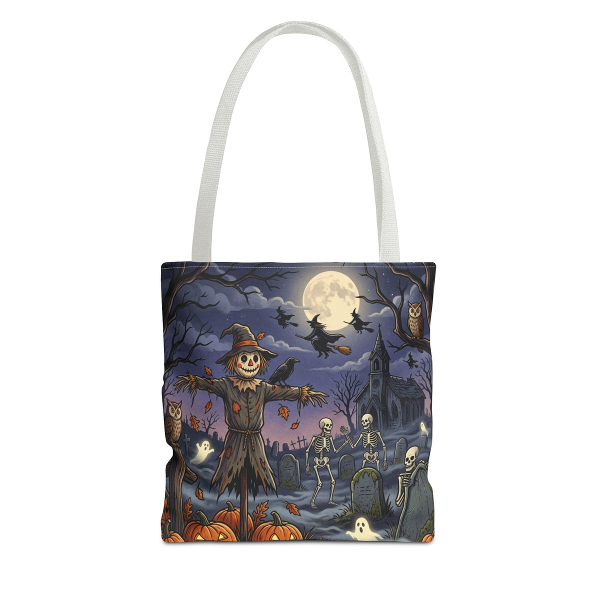 Halloween Haunted Night Tote Bag – Spooky Scarecrow & Skeletons All-Over Print