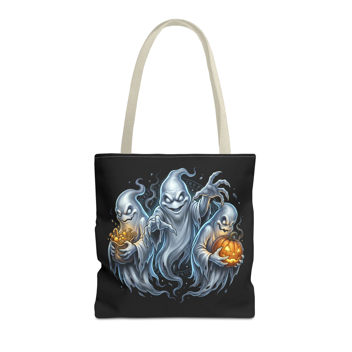 Halloween Ghost Trio Tote Bag — Spooky Pumpkin Trick-or-Treat AOP Tote