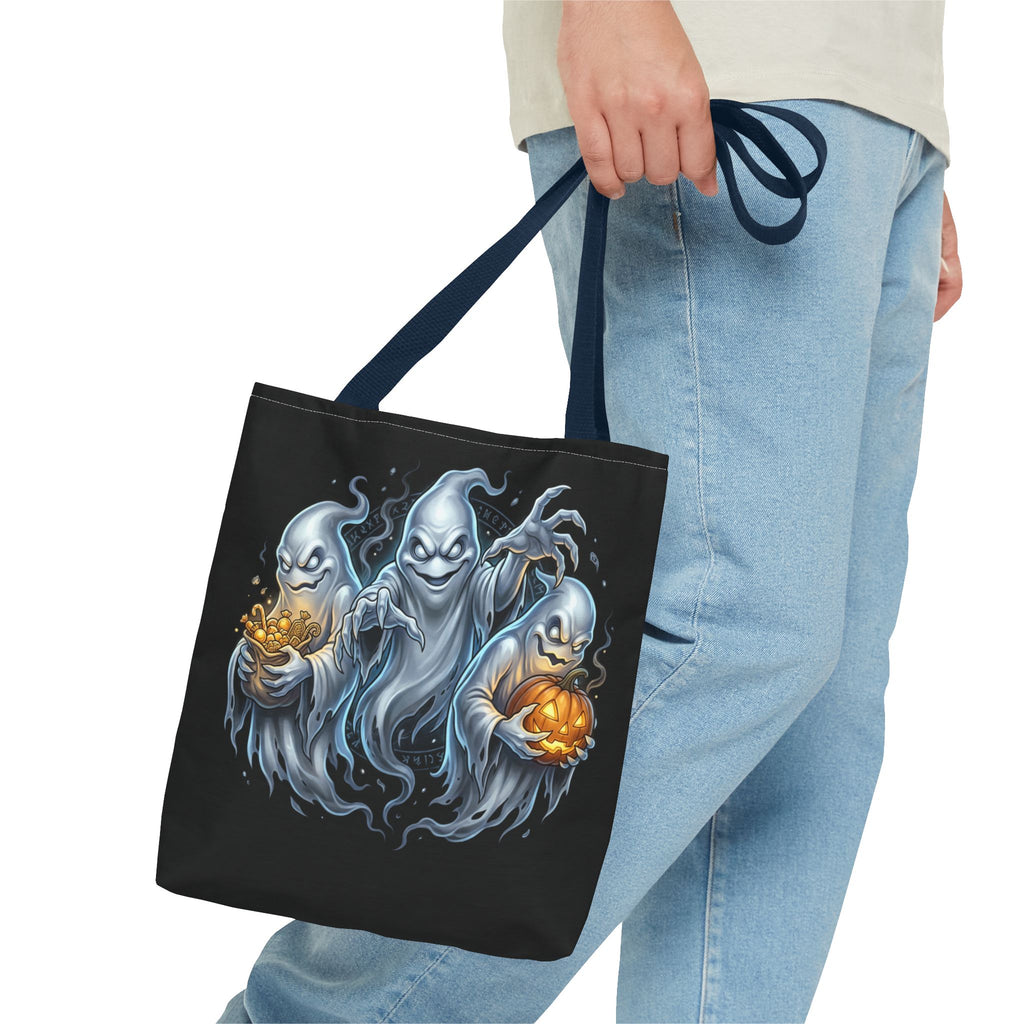 Halloween Ghost Trio Tote Bag — Spooky Pumpkin Trick-or-Treat AOP Tote