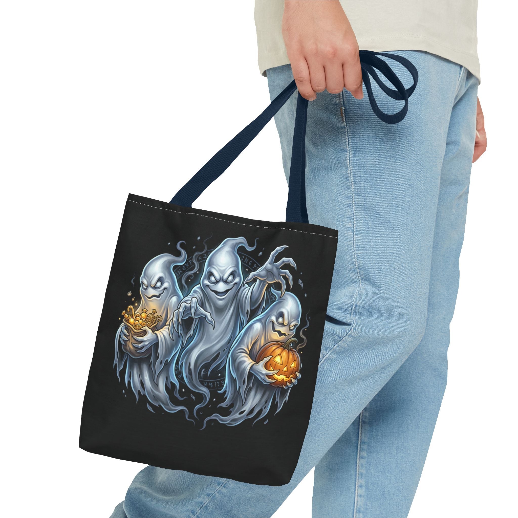 Halloween Ghost Trio Tote Bag — Spooky Pumpkin Trick-or-Treat AOP Tote