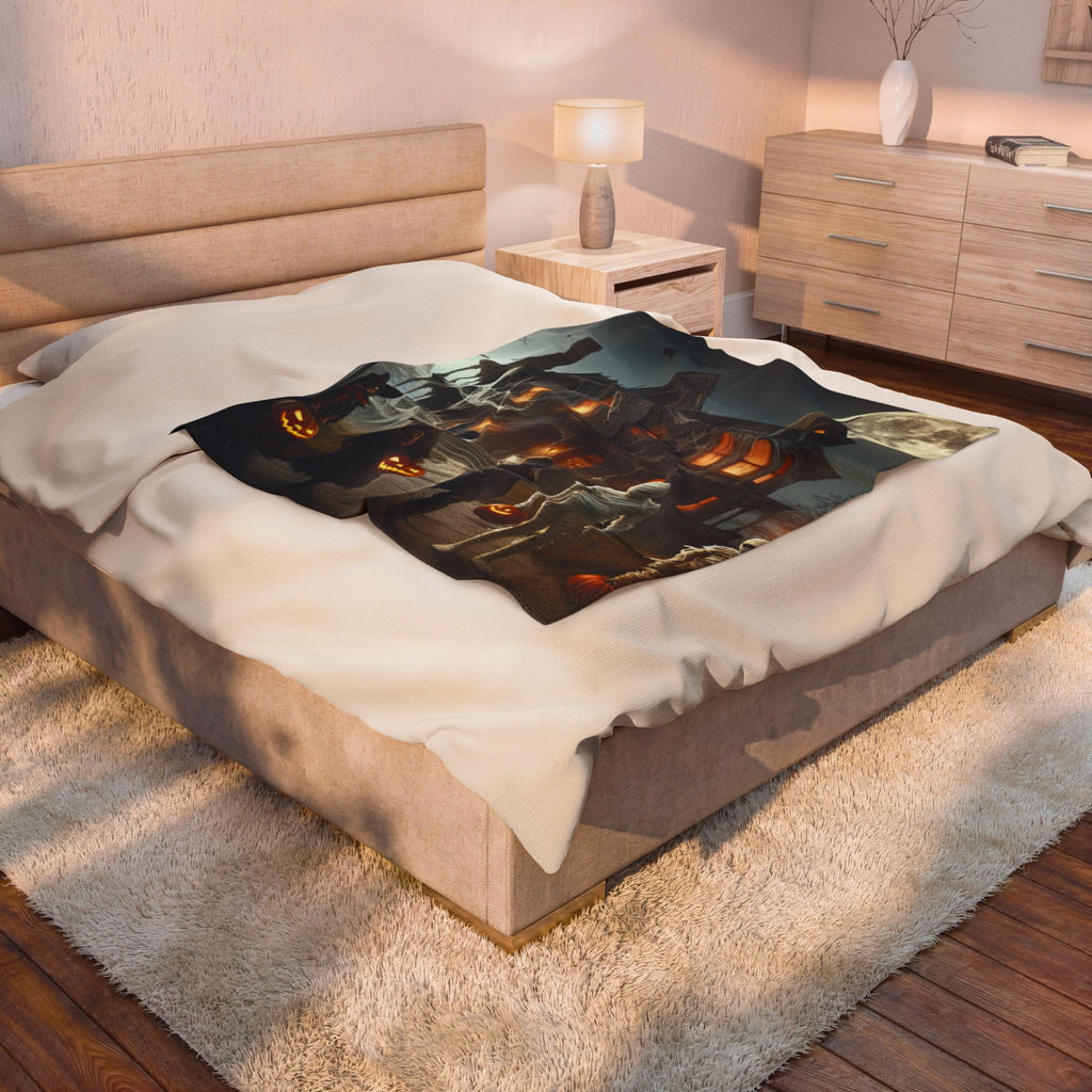Haunted House Trick-or-Treat Halloween Velveteen Plush Blanket