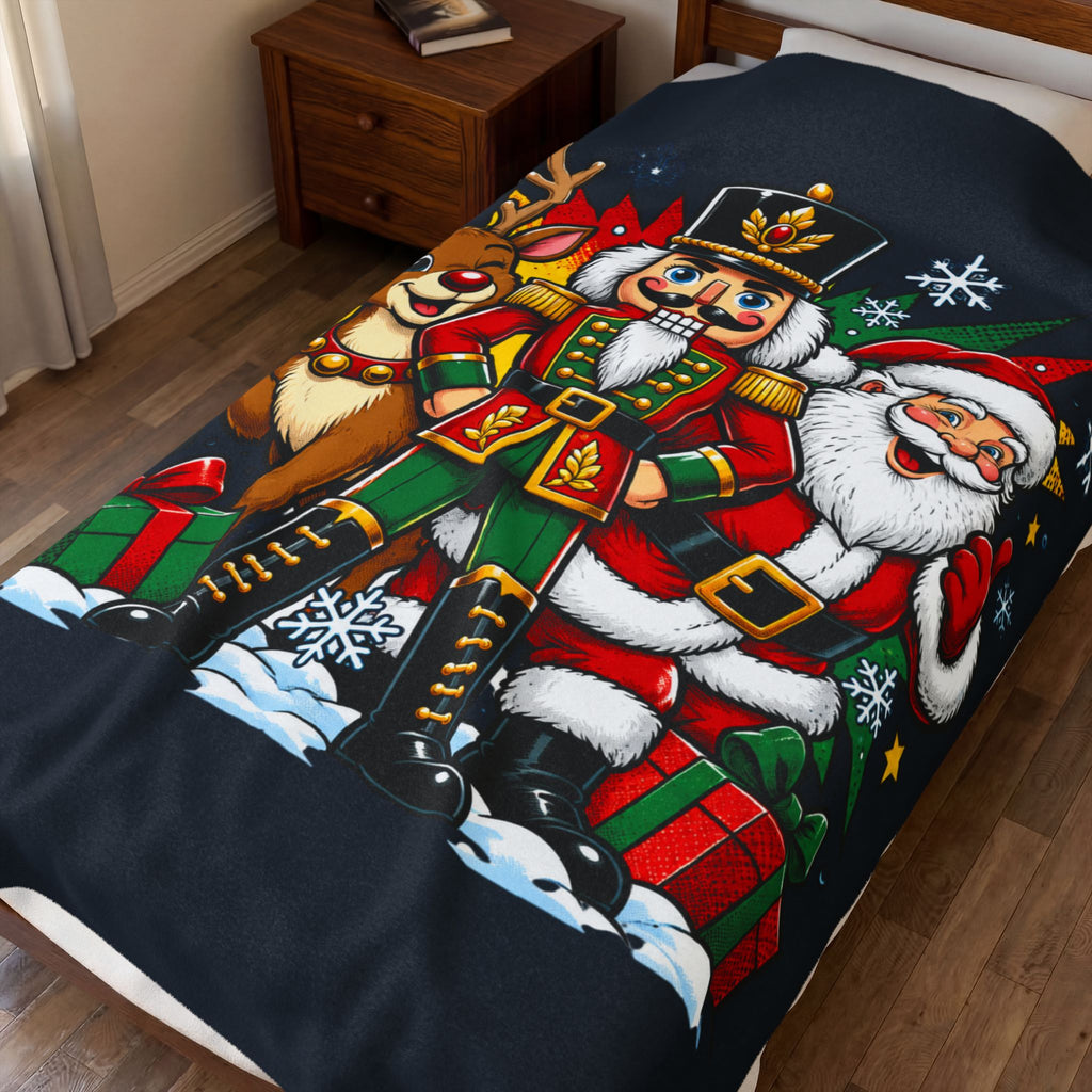 Christmas Nutcracker, Santa & Reindeer Velveteen Plush Blanket