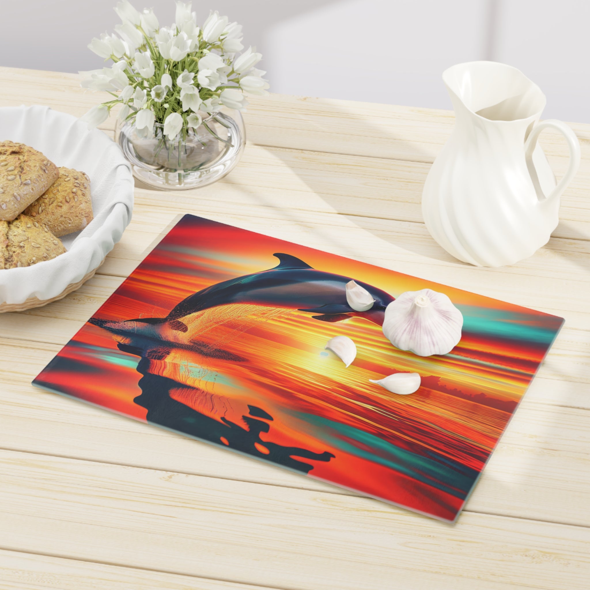 Dolphin Sunset Cutting Board – Vibrant Ocean Scene Glass Chopping Board