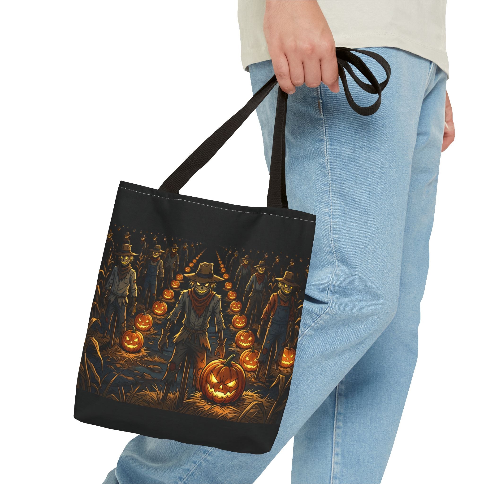 Halloween Scarecrow Parade Tote Bag – Spooky Pumpkin Field All-Over Print Tote