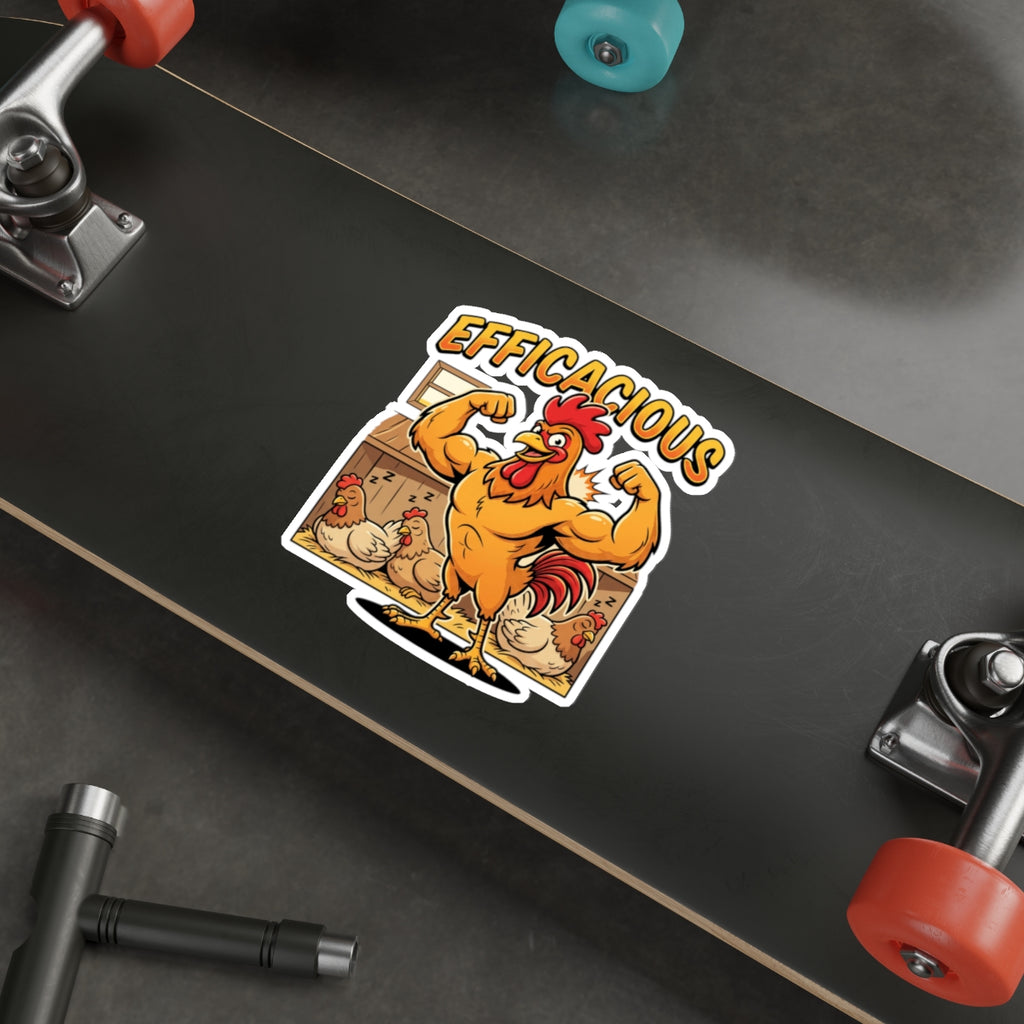 Efficacious Rooster Die-Cut Sticker — Funny Muscular Chicken Farm Humor Sticker