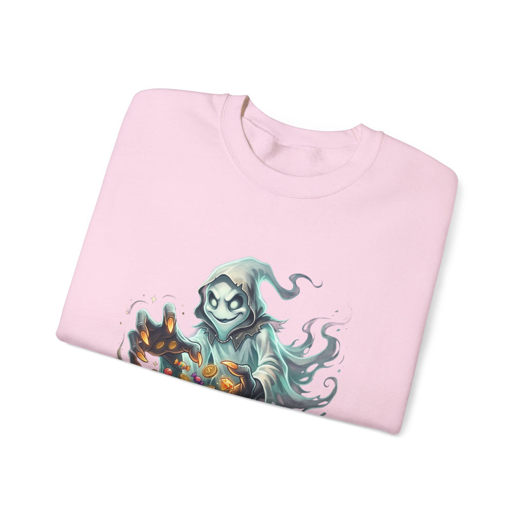Treasure Ghost Halloween Crewneck Sweatshirt — Hooded Specter with Glowing Candy
