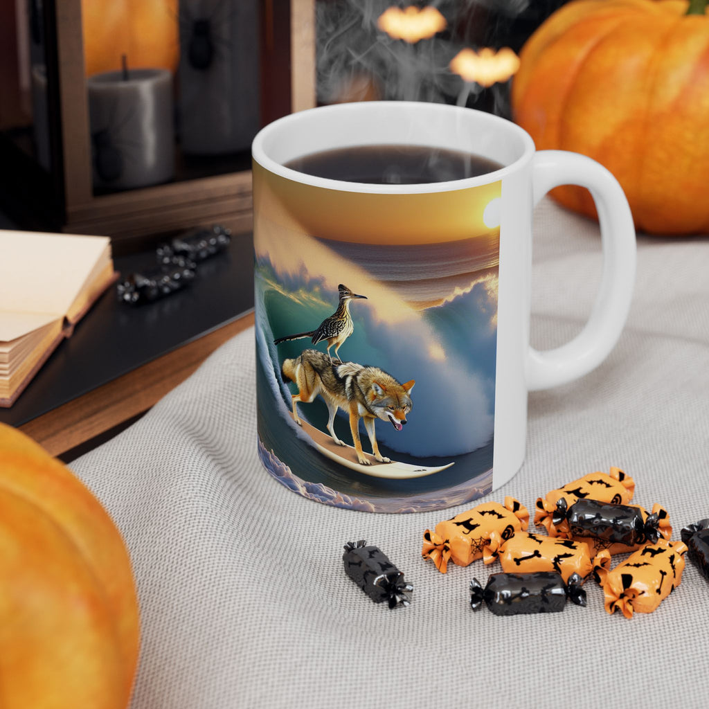 Roadrunner & Coyote Funny Desert Surfer Ceramic Coffee Mug (11oz, 15oz)