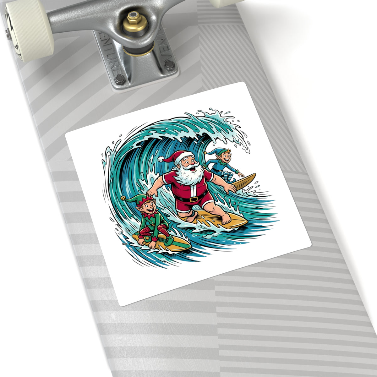 Surfing Santa Square Sticker — Festive Christmas Surfboard Holiday Decal
