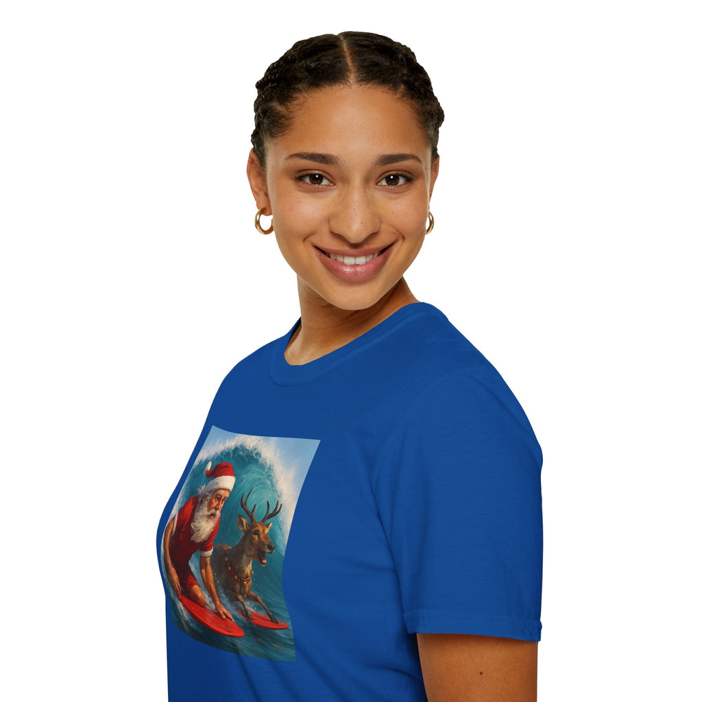Santa Surfing T-Shirt — Retro Santa and Reindeer Surf Holiday Tee