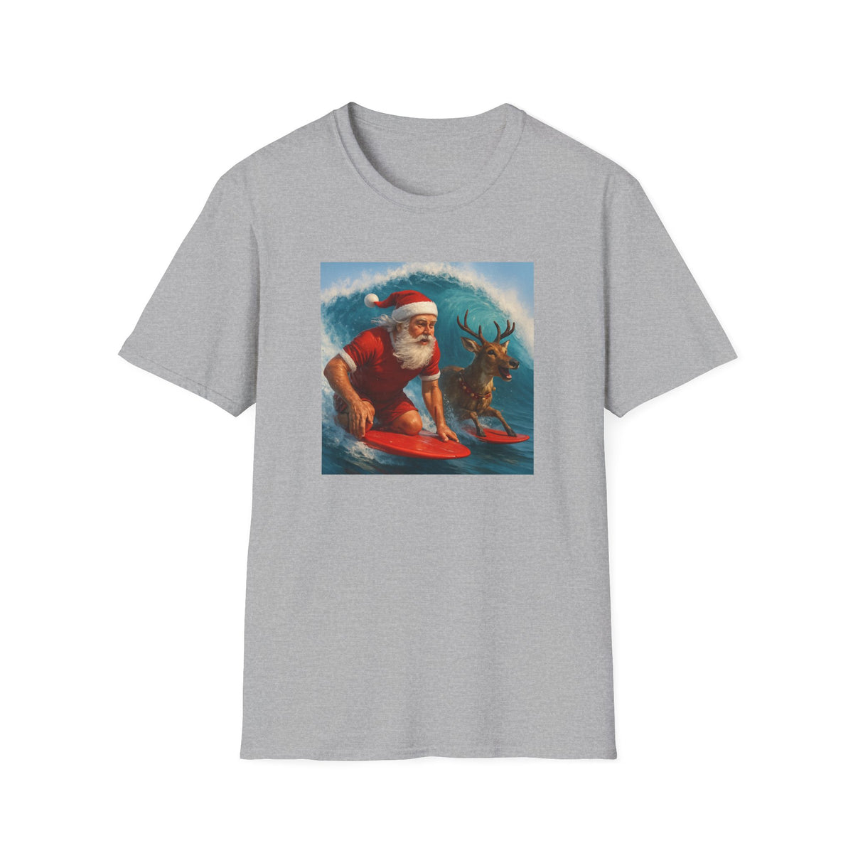 Santa Surfing T-Shirt — Retro Santa and Reindeer Surf Holiday Tee