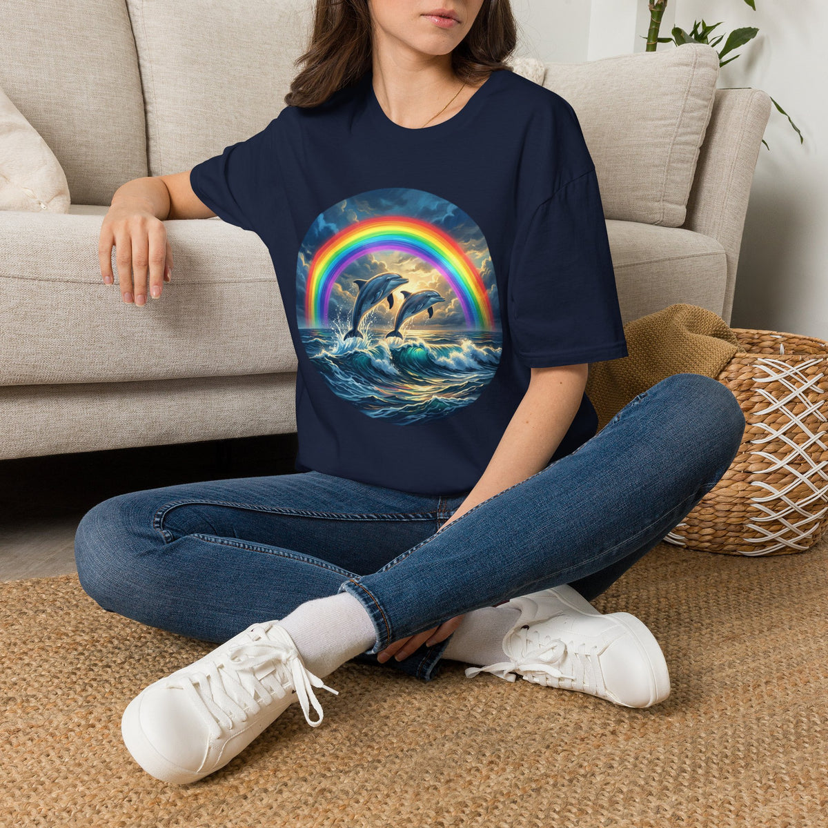 Dolphin Rainbow Wave T-Shirt — Ocean Sunset Graphic Tee