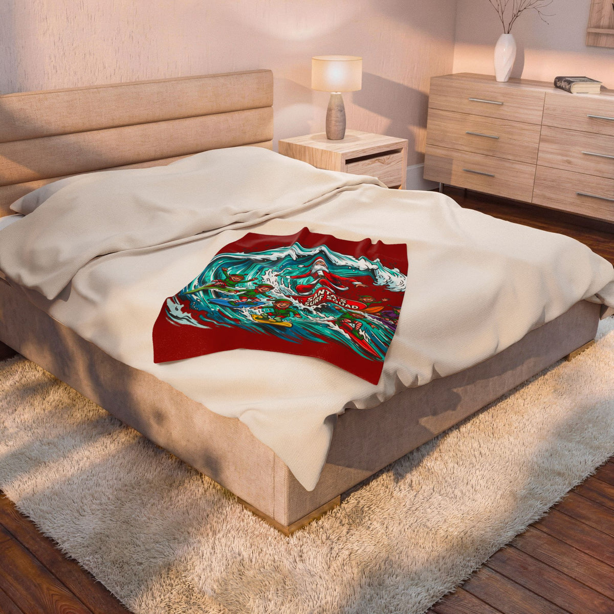 Christmas Surf Blanket — "Santa's Surf Squad" Velveteen Throw