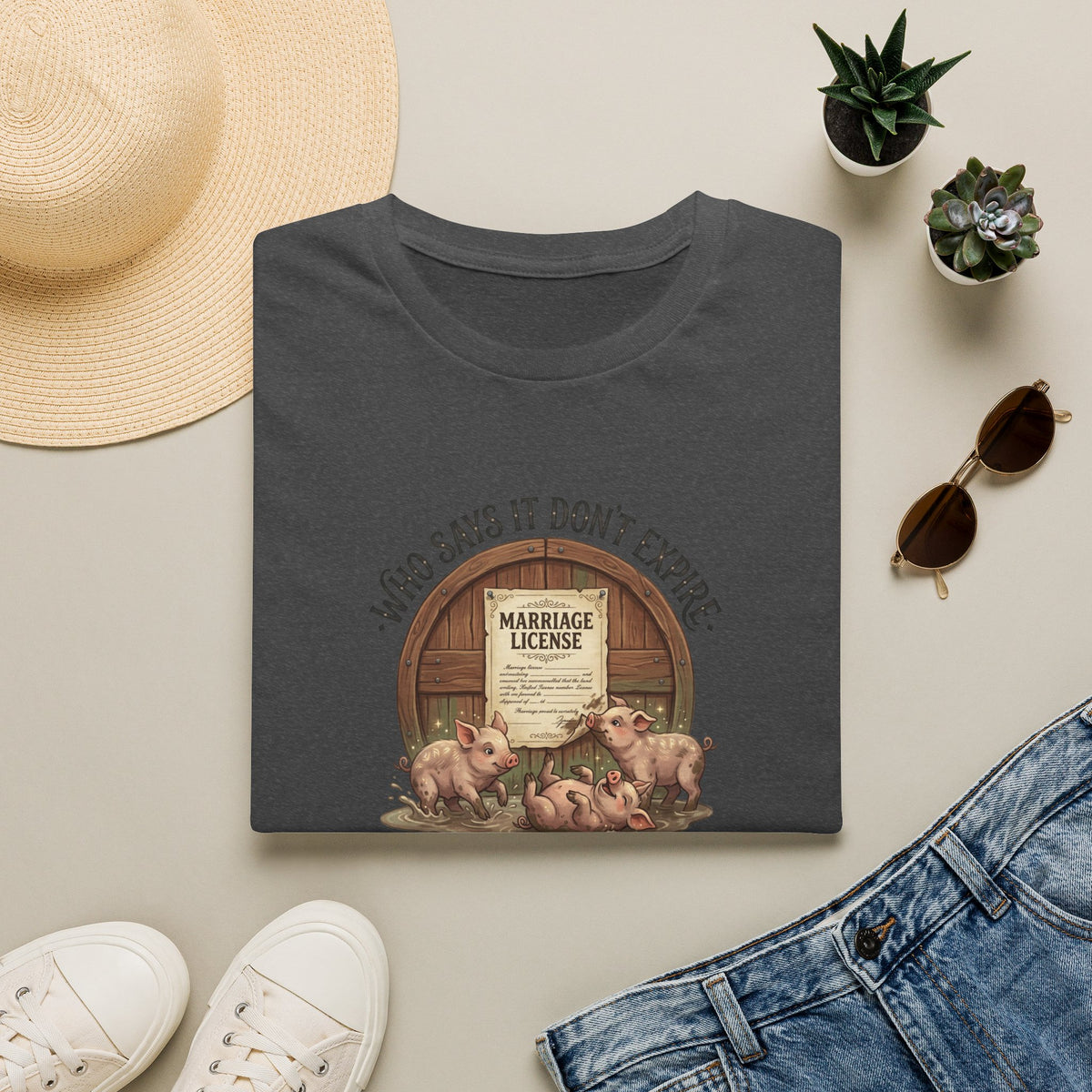 Funny Pig Wedding T-Shirt — "Who Says It Don't Expire" Marriage License Graphic Tee