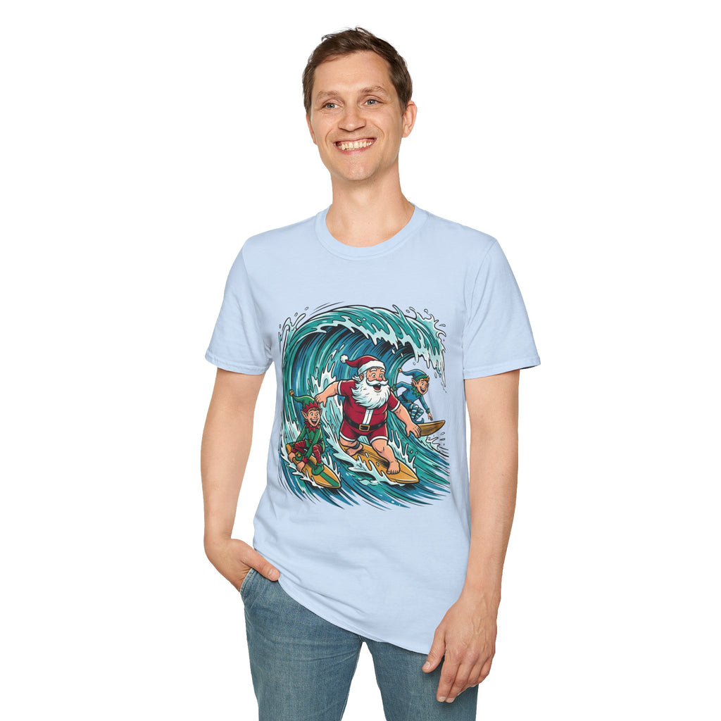 Surfing Santa T-Shirt — Christmas Beach Holiday Tee