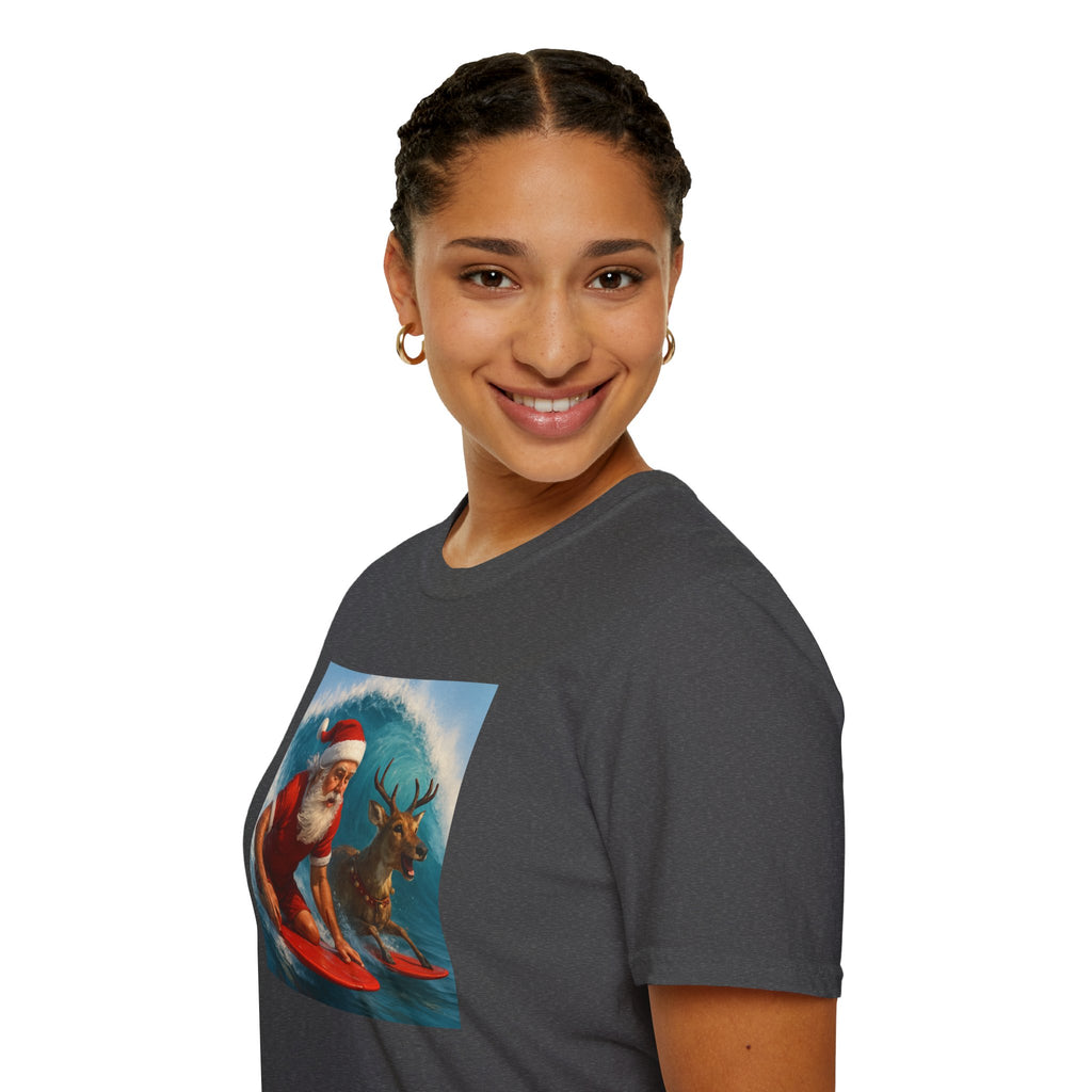 Santa Surfing T-Shirt — Retro Santa and Reindeer Surf Holiday Tee