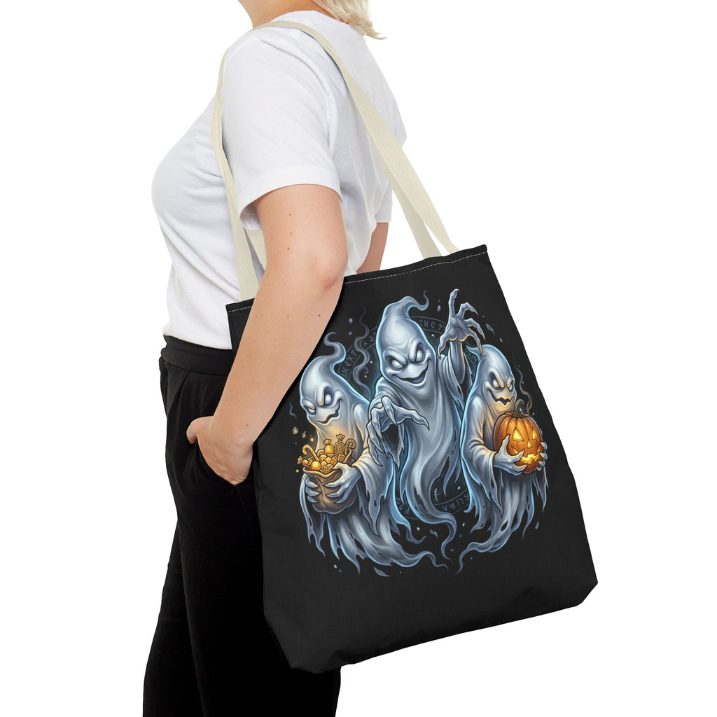 Halloween Ghost Trio Tote Bag — Spooky Pumpkin Trick-or-Treat AOP Tote