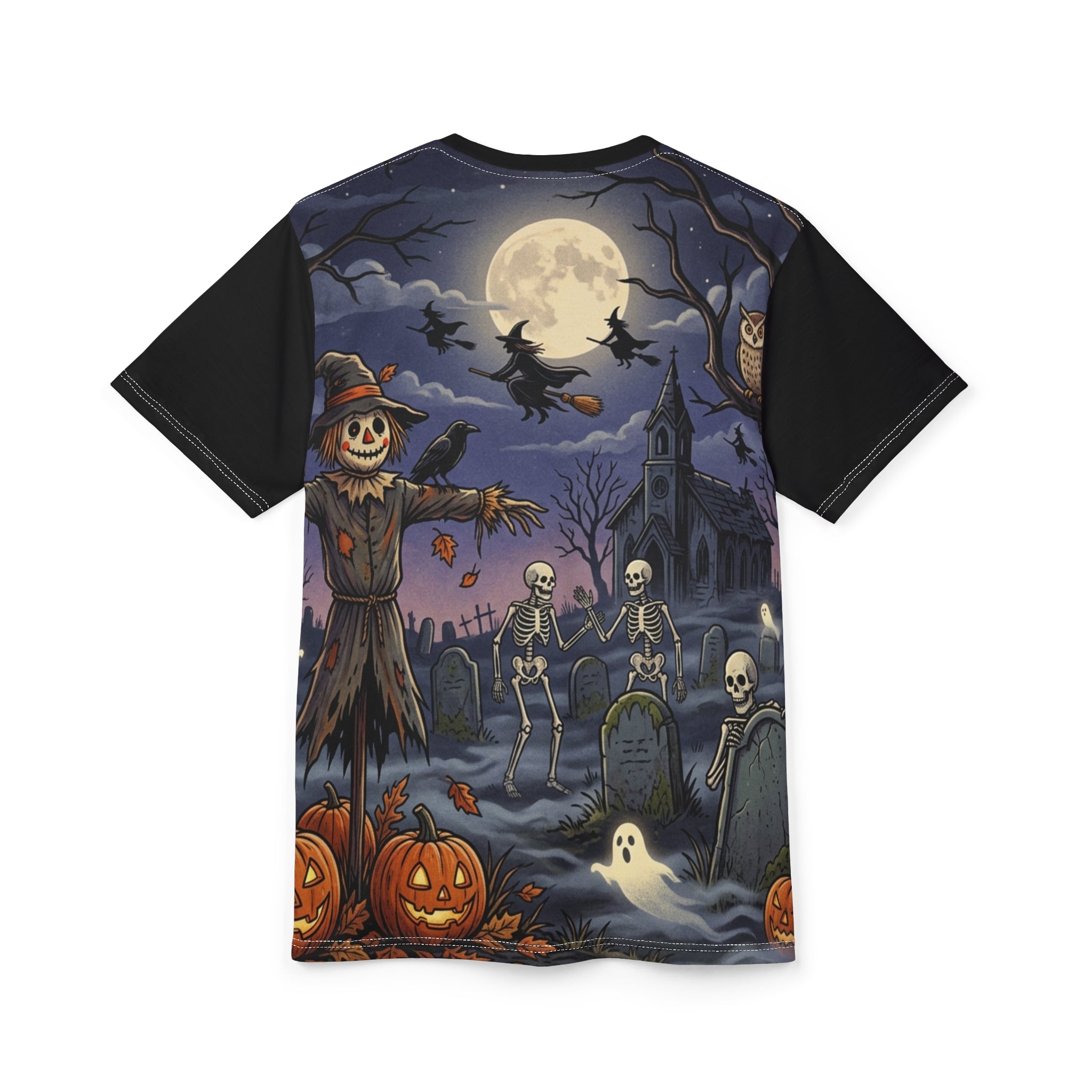 Halloween Graveyard Tee — Spooky Scarecrow & Dancing Skeletons All-Over Print