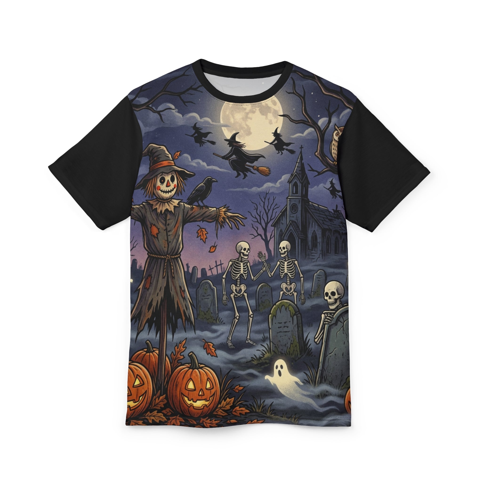 Halloween Graveyard Tee — Spooky Scarecrow & Dancing Skeletons All-Over Print