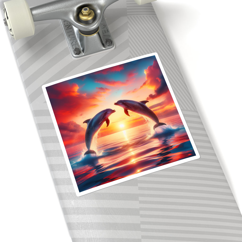 Dolphin Sunset Square Sticker — Vibrant Ocean Sunset Laptop Decal