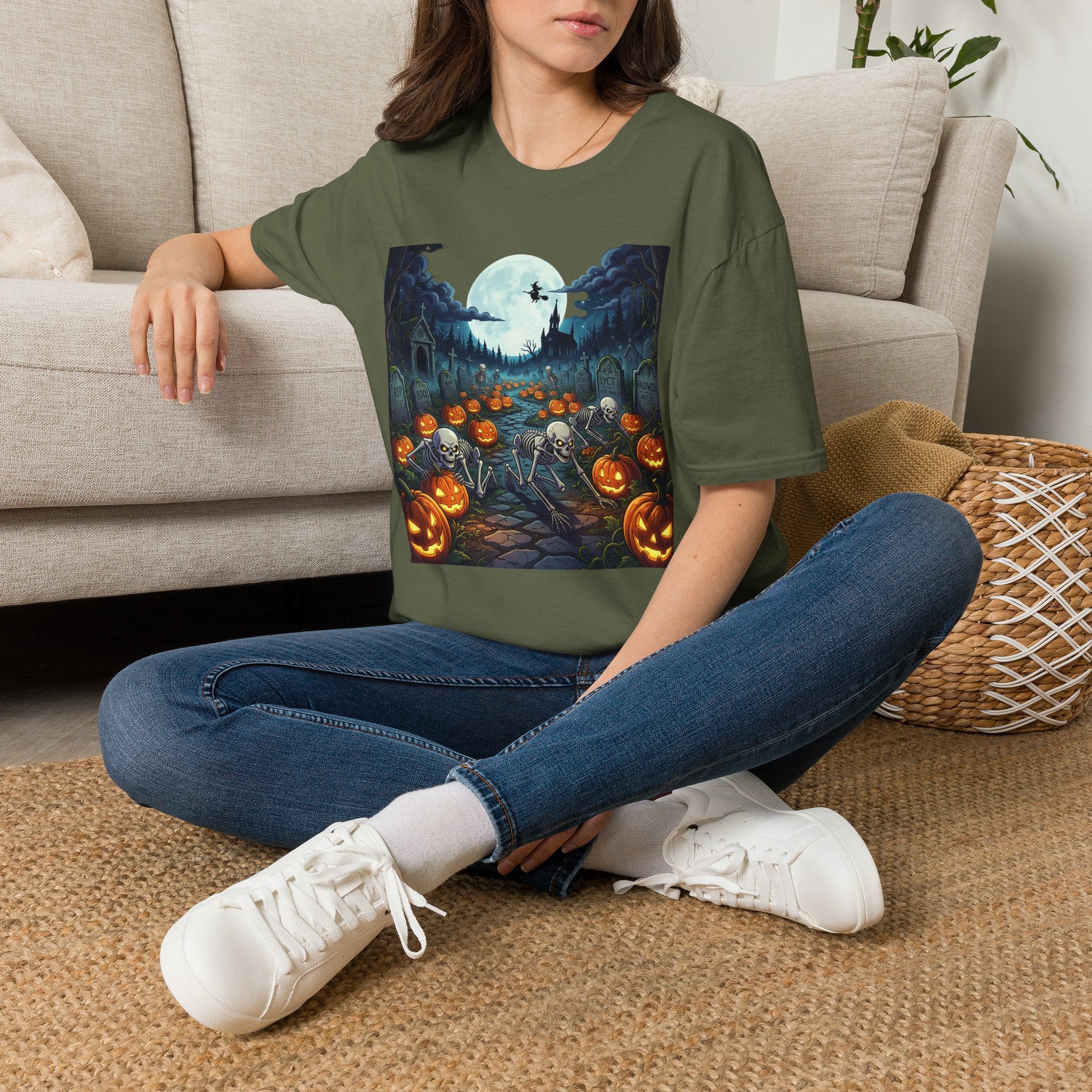 Halloween Pumpkin Patch T-Shirt — Haunted Moonlit Cemetery Graphic Tee