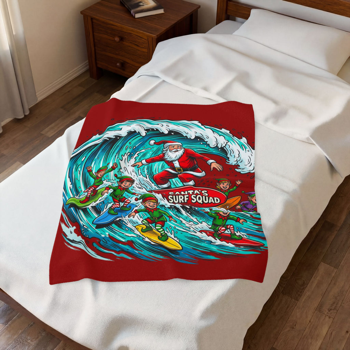 Christmas Surf Blanket — "Santa's Surf Squad" Velveteen Throw
