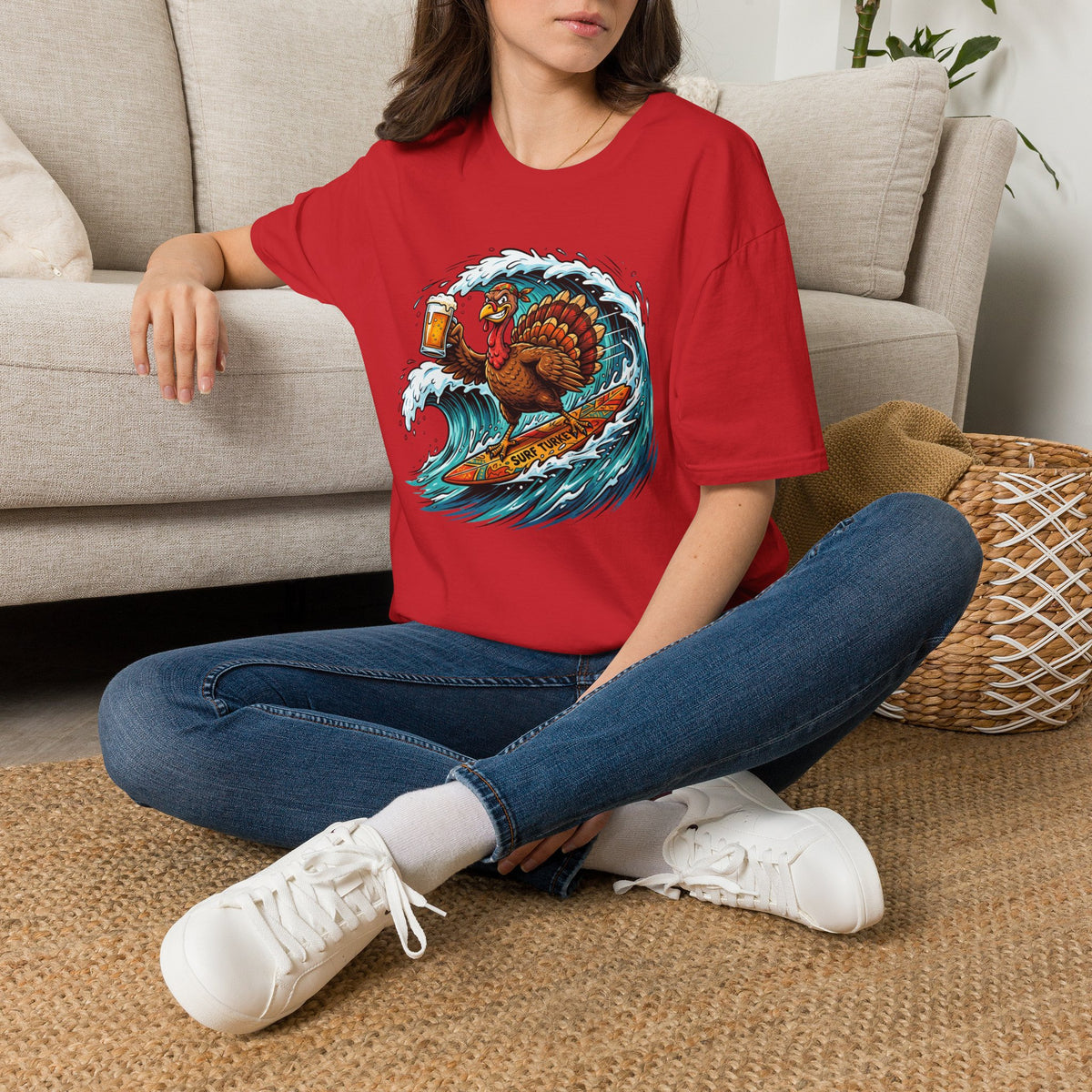 Turkey Surfing With Beer T-Shirt — Funny Thanksgiving Surfboard Tee