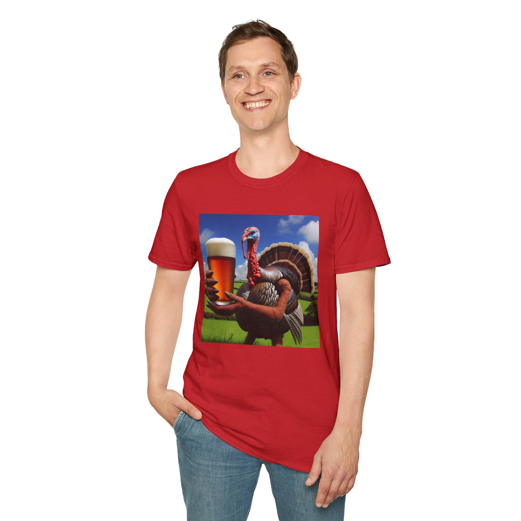 Thankful Turkey Beer T-Shirt — Funny Thanksgiving Turkey Holding Pint Tee