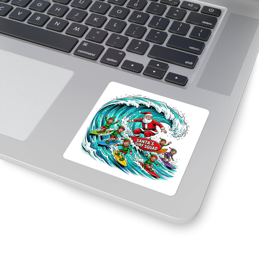 Santa’s Surf Squad Square Sticker — Festive Christmas Surfing Elves Decal