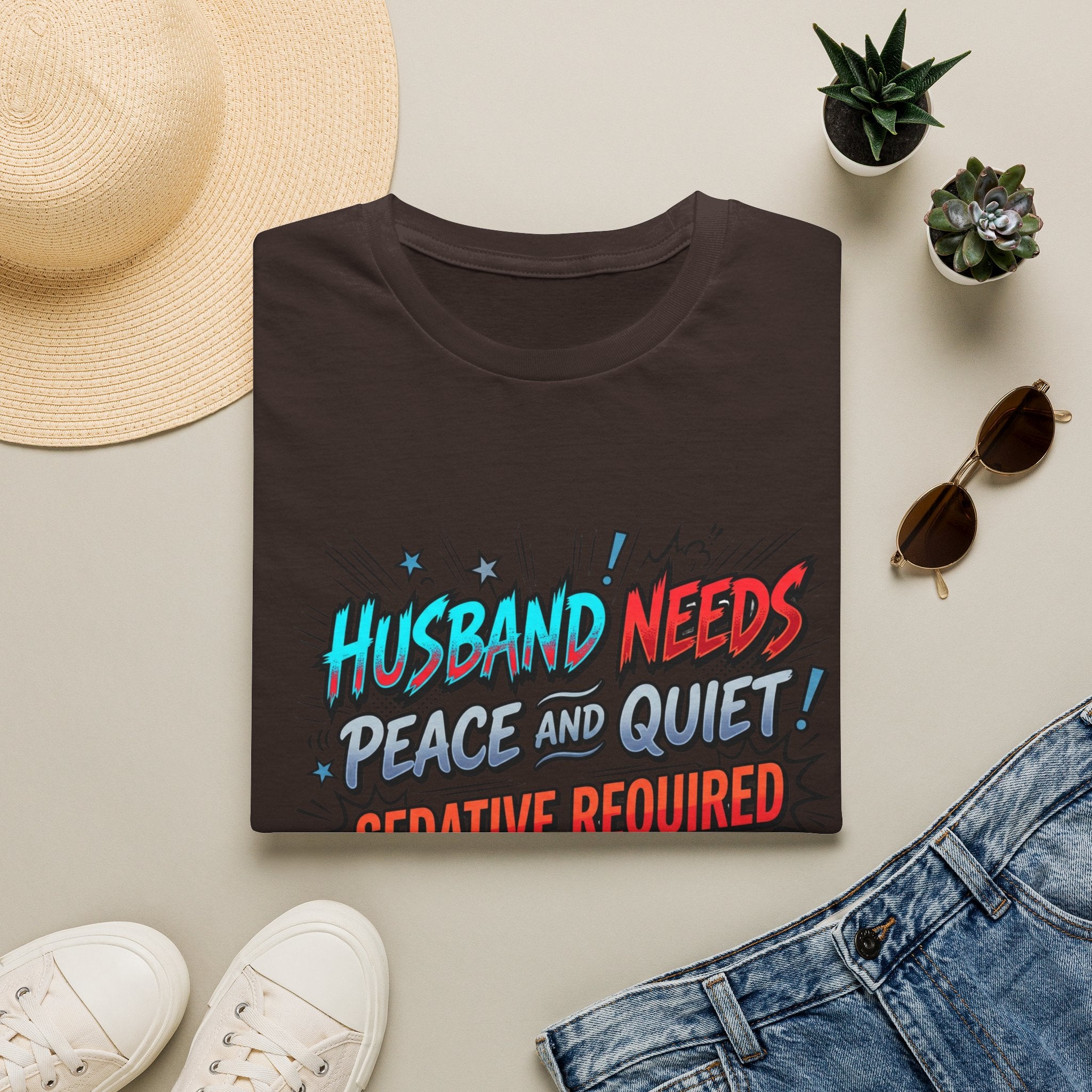 T-Shirt — "Husband Needs Peace and Quiet! Creative Required" Funny Graphic Tee for Wives & Couples