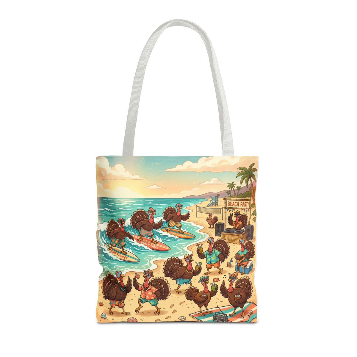 Surfing Turkeys Beach Tote Bag – Funny Thanksgiving Summer Beach Tote