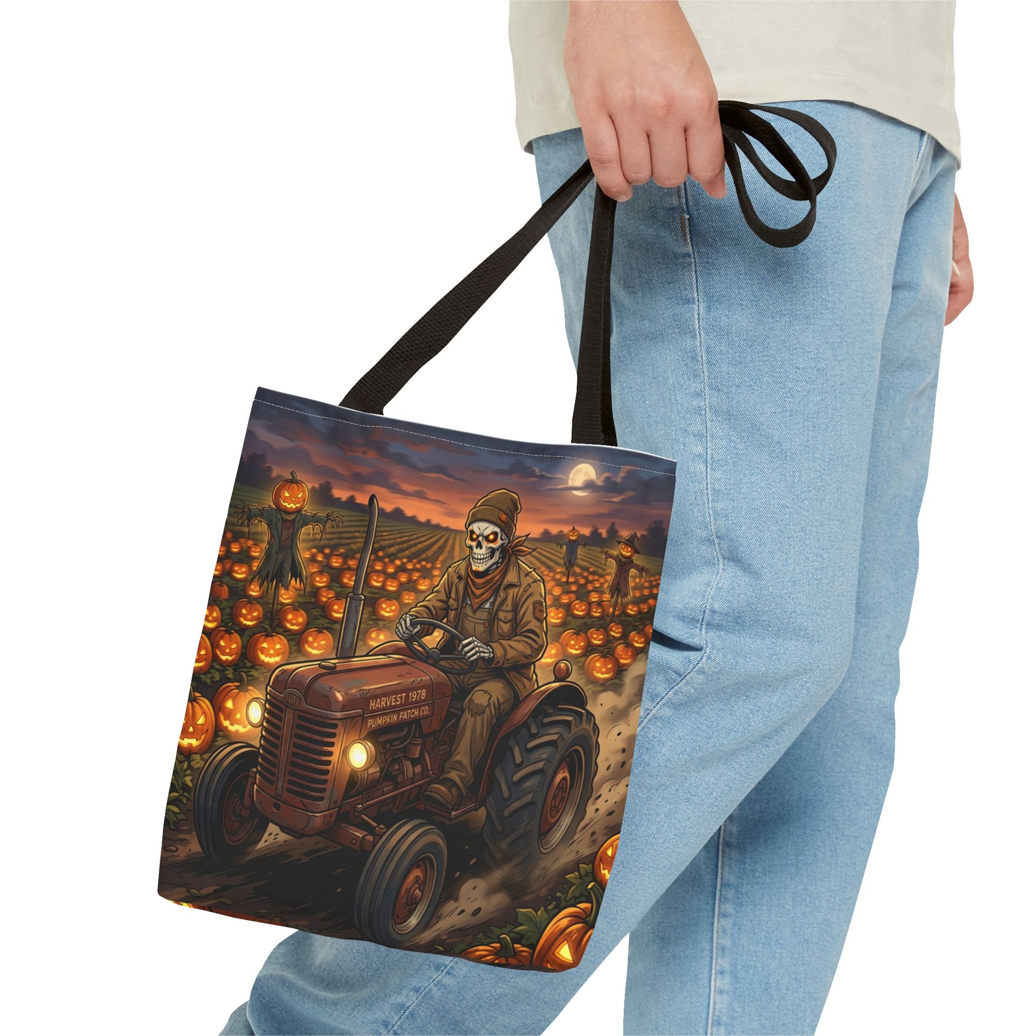 Halloween Pumpkin Field Tote — Skeletal Farmer on Tractor AOP Tote Bag