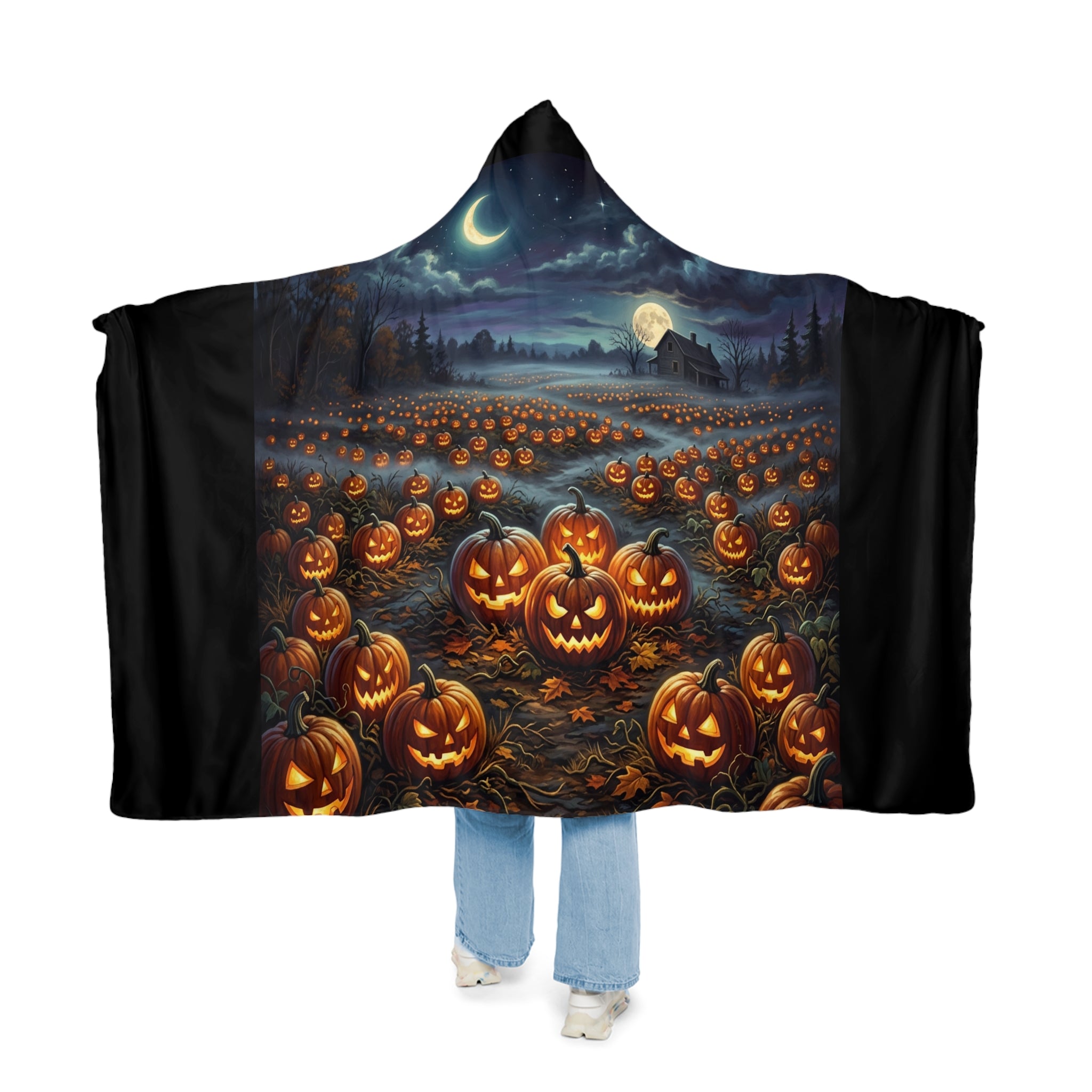 Halloween Pumpkin Field Snuggle Blanket – Hooded Cozy Throw for Fall & Spooky Season