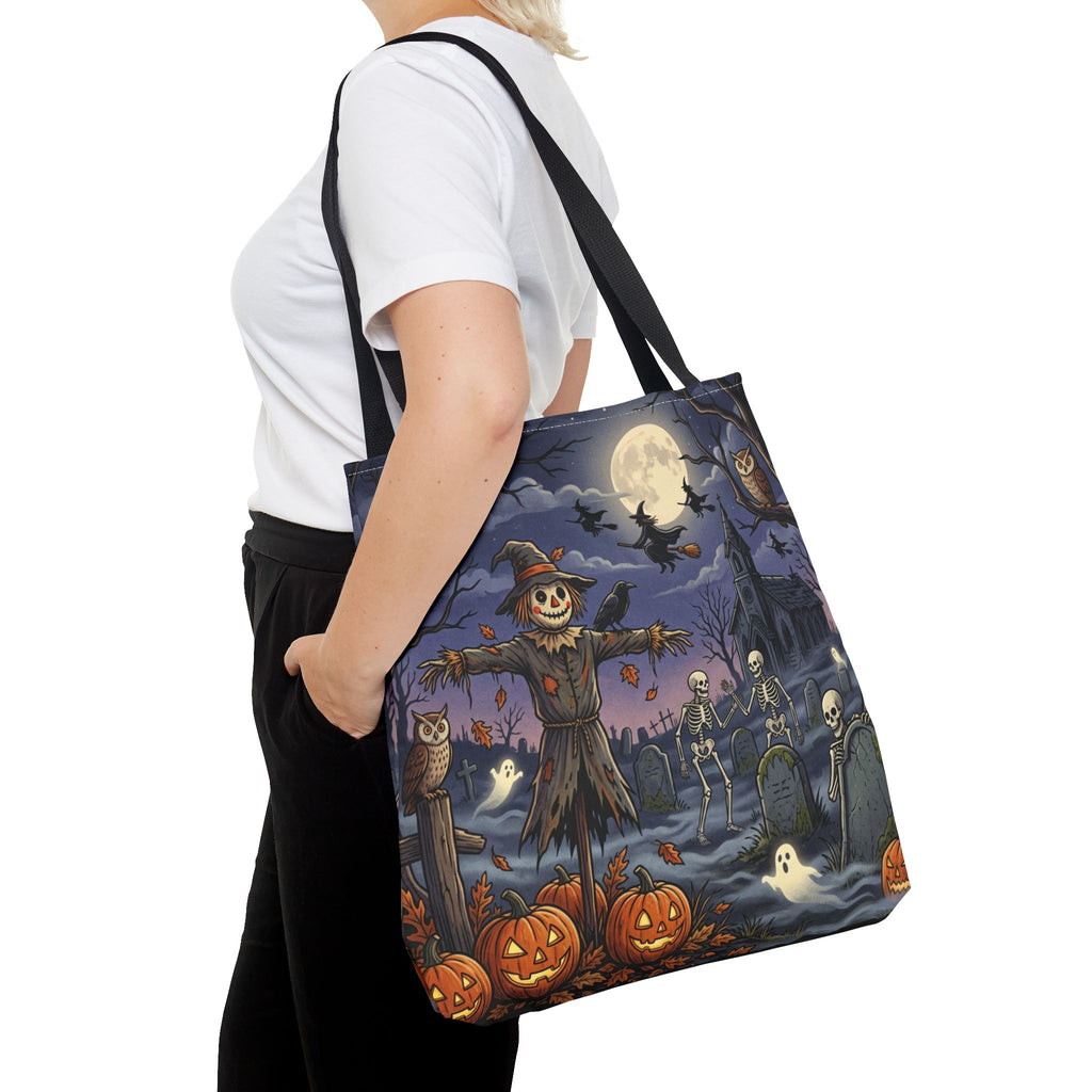 Halloween Haunted Night Tote Bag – Spooky Scarecrow & Skeletons All-Over Print
