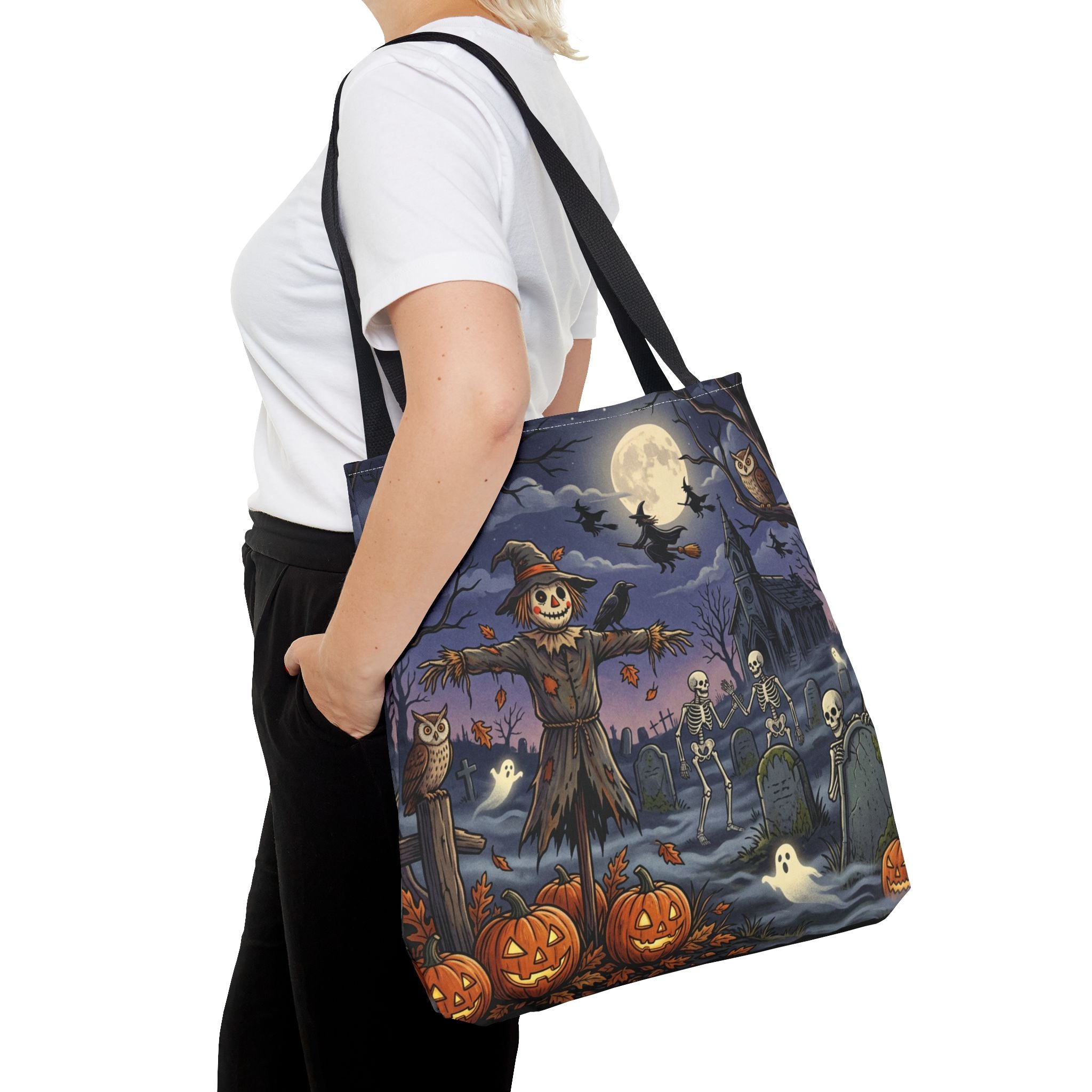 Halloween Haunted Night Tote Bag – Spooky Scarecrow & Skeletons All-Over Print