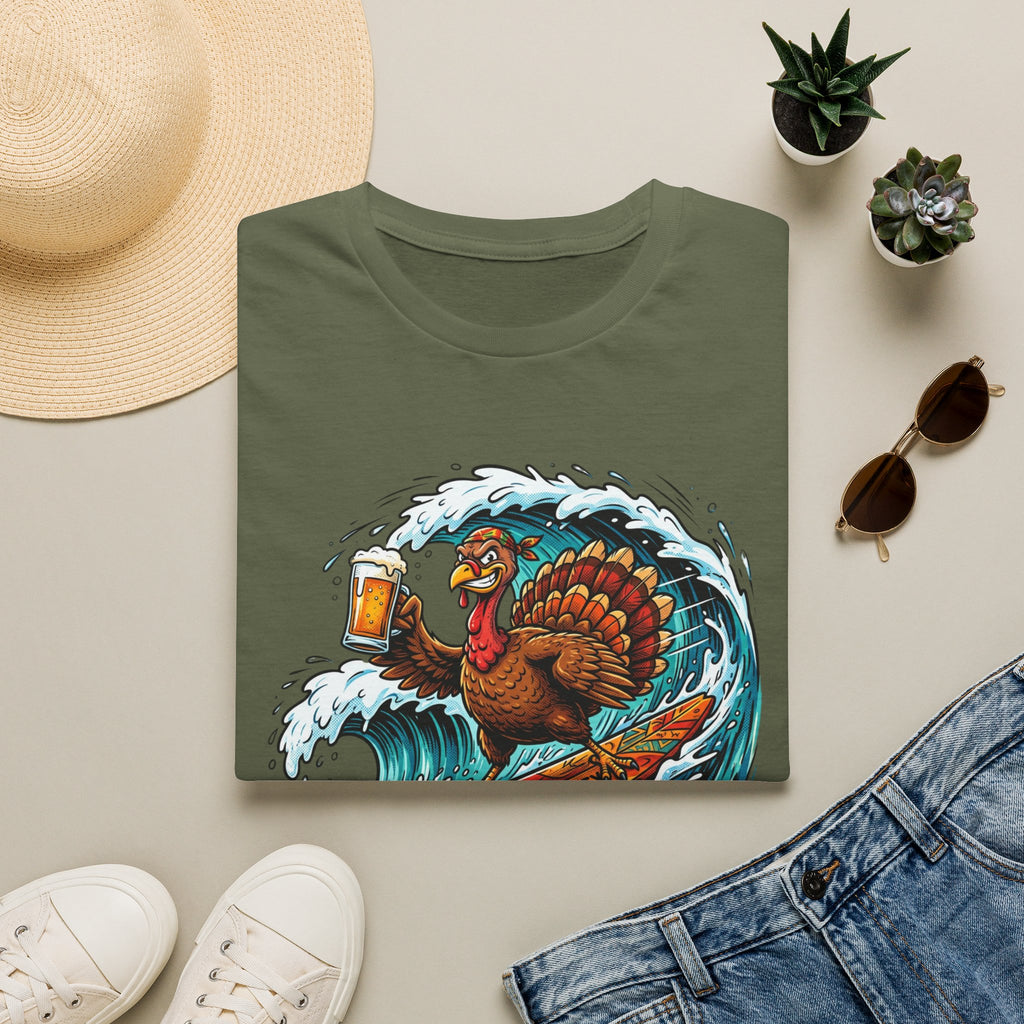 Turkey Surfing With Beer T-Shirt — Funny Thanksgiving Surfboard Tee