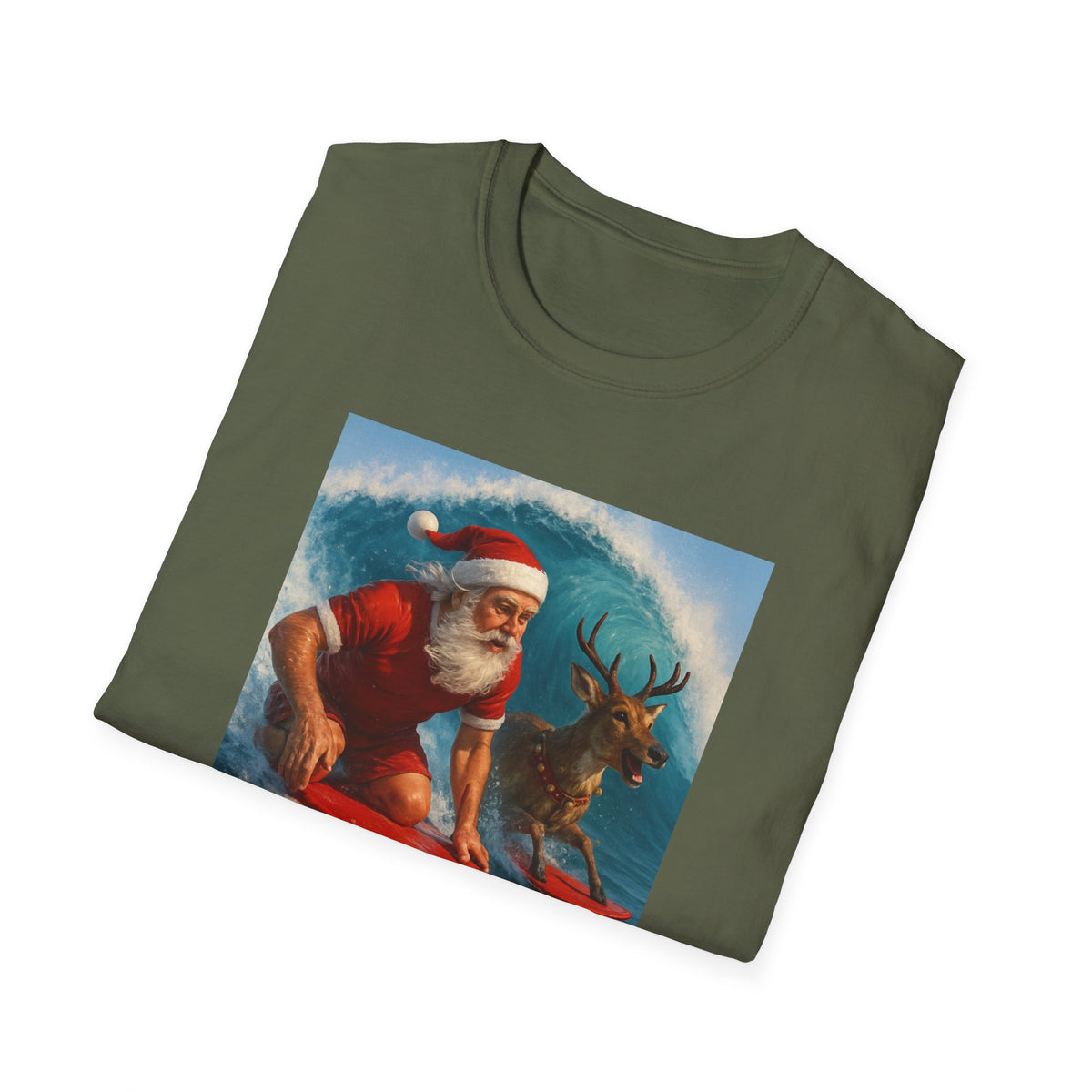 Santa Surfing T-Shirt — Retro Santa and Reindeer Surf Holiday Tee