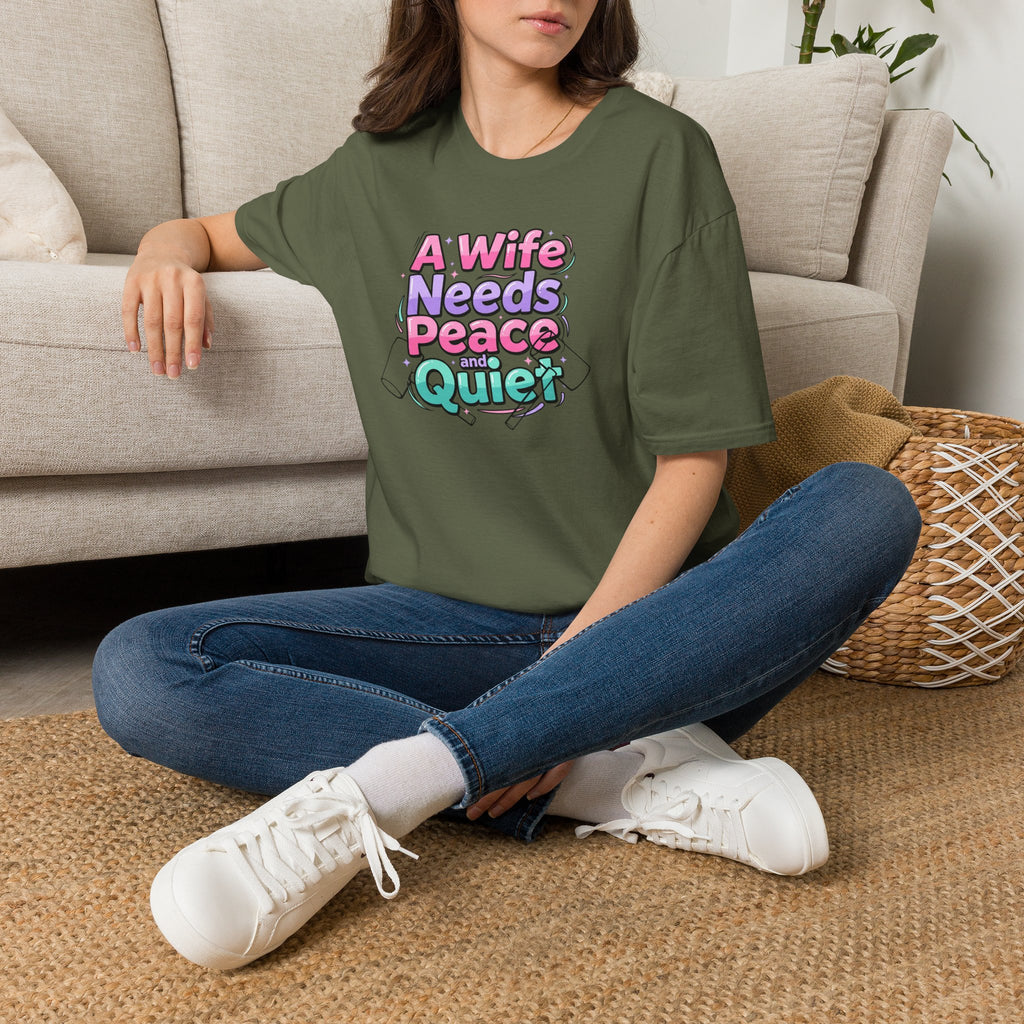 Womens T-Shirt “A Wife Needs Peace and Quiet” – Funny Retro Pastel Graphic Tee