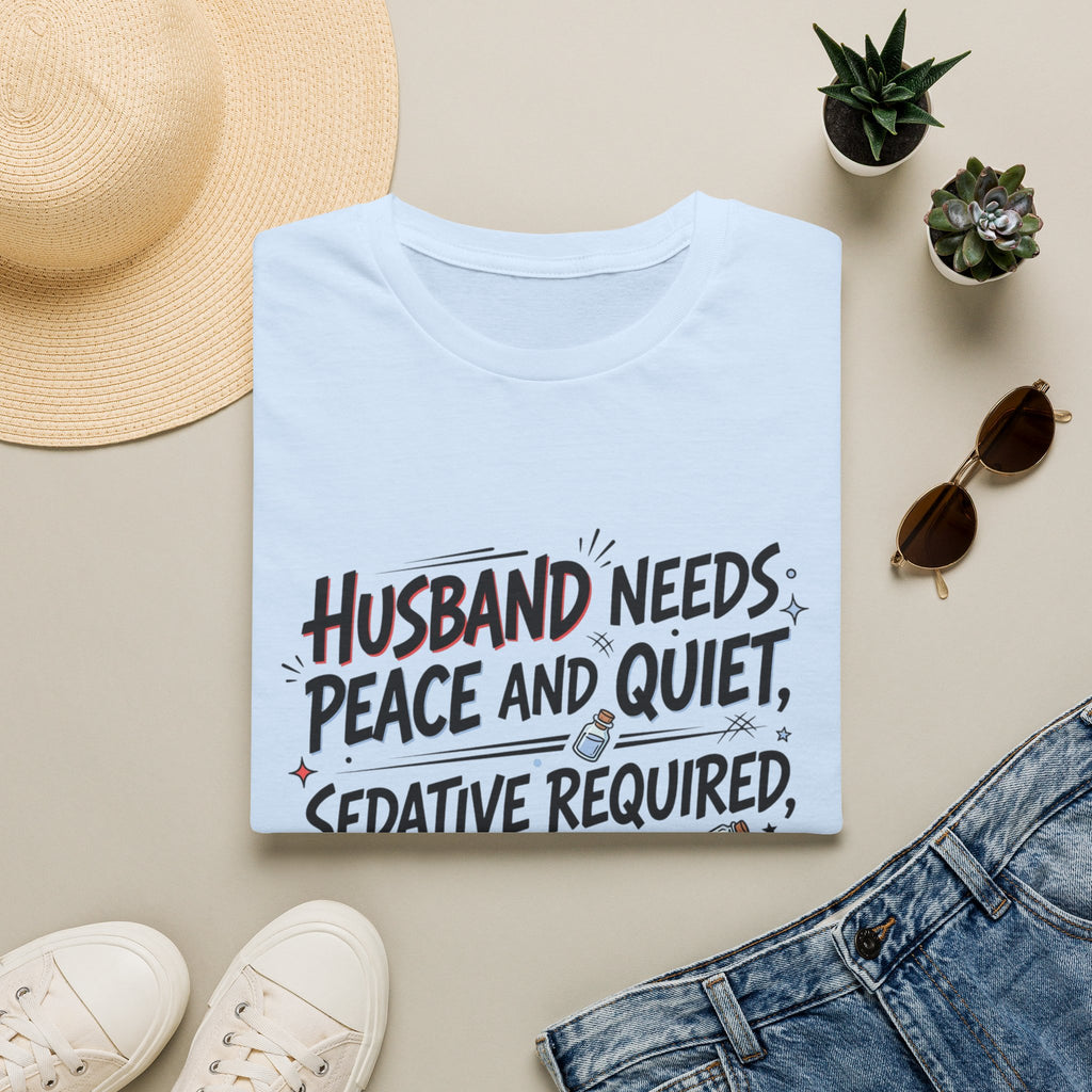 Funny Wife T‑Shirt – "Husband Needs Peace and Quiet, Sedative Not For Husband" Graphic Tee