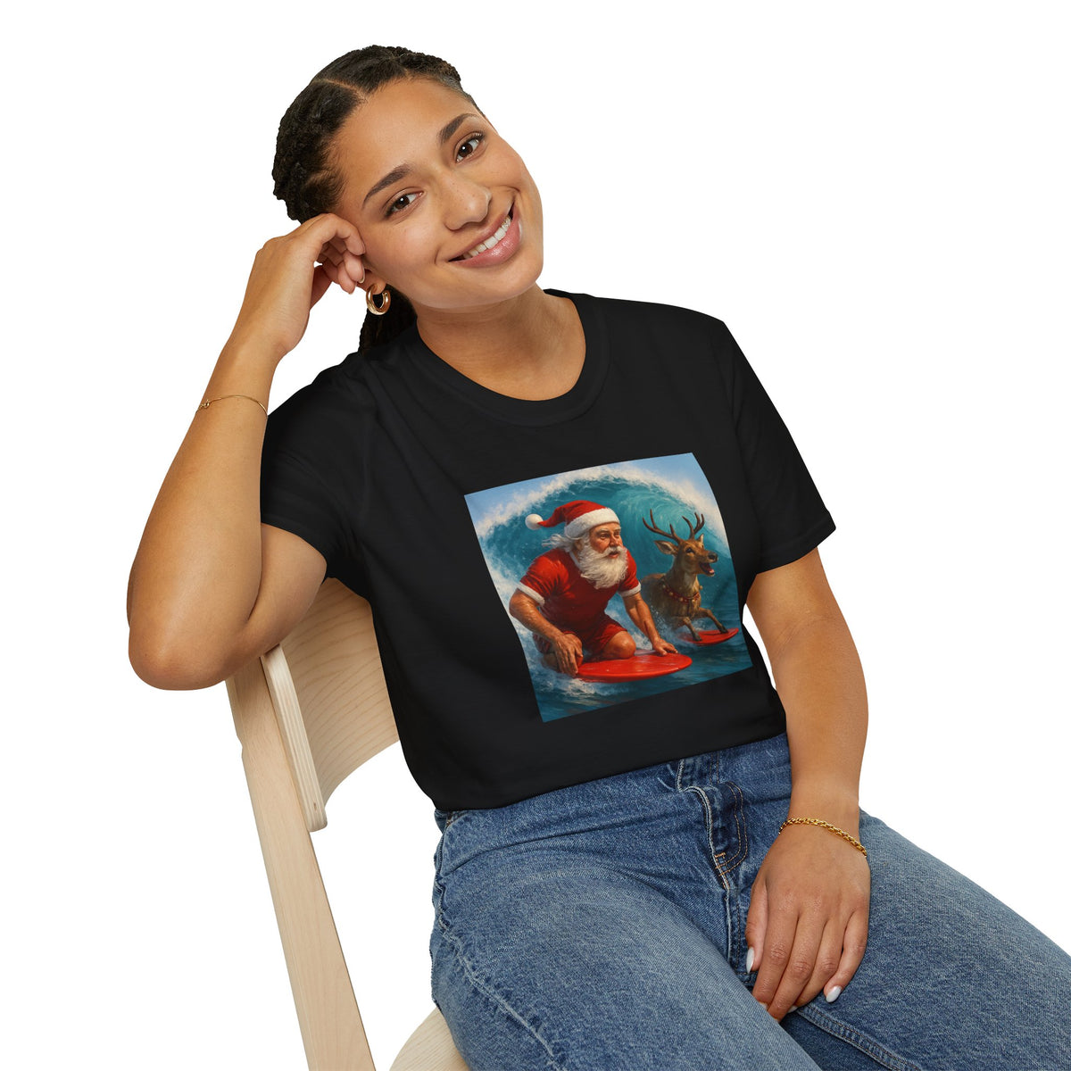 Santa Surfing T-Shirt — Retro Santa and Reindeer Surf Holiday Tee