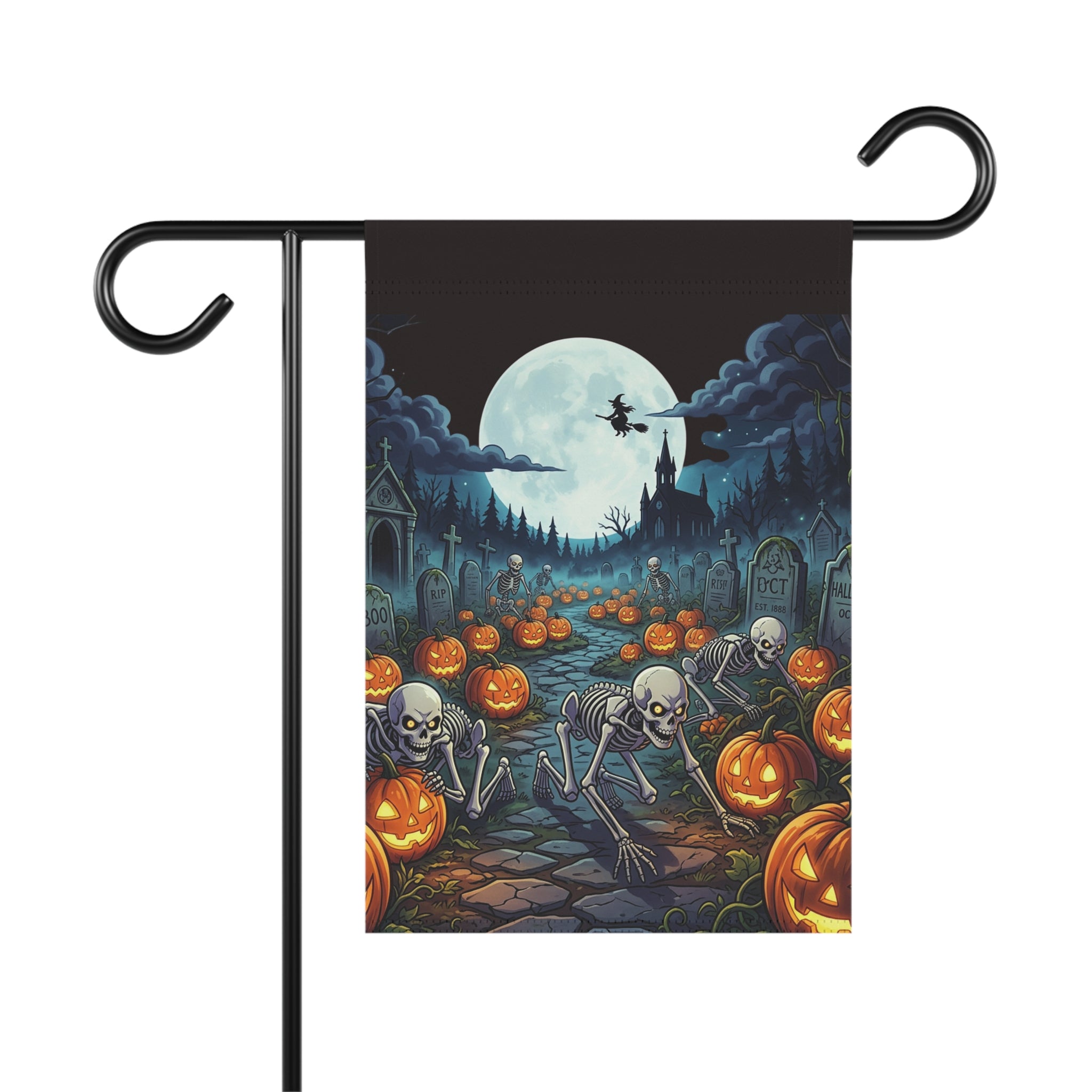 Halloween Skeleton & Jack-O'-Lantern Garden Flag — Spooky Moonlit Cemetery Yard Banner