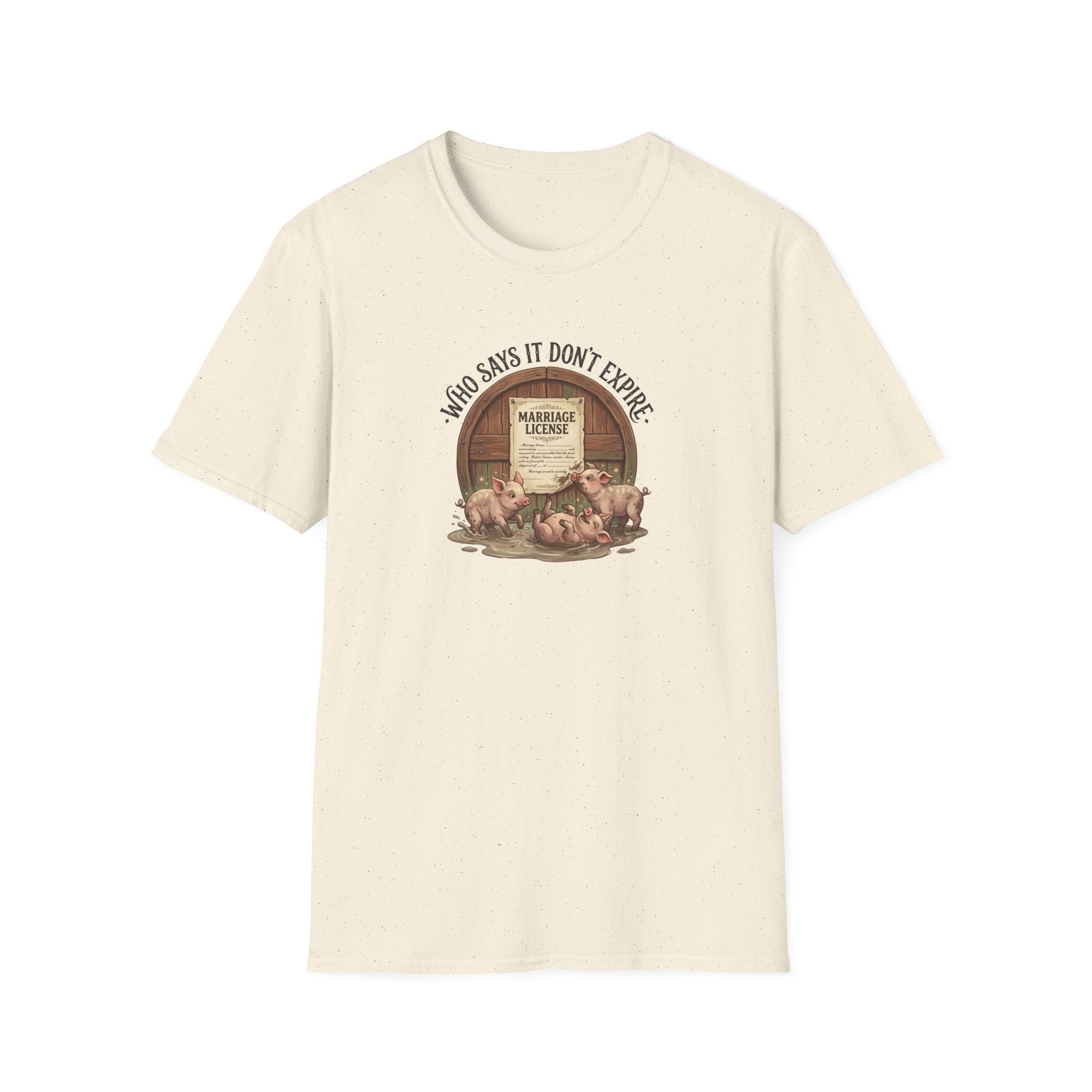 Funny Pig Wedding T-Shirt — "Who Says It Don't Expire" Marriage License Graphic Tee
