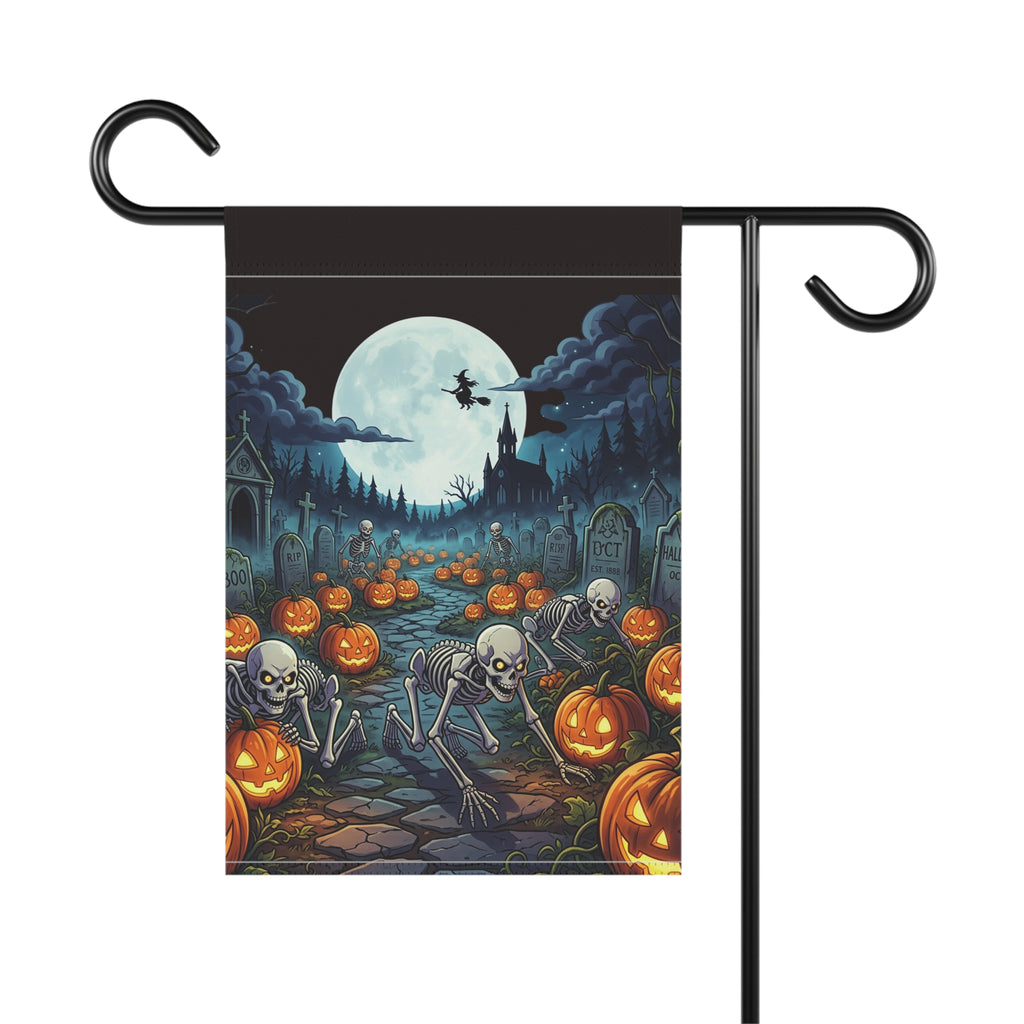 Halloween Skeleton & Jack-O'-Lantern Garden Flag — Spooky Moonlit Cemetery Yard Banner