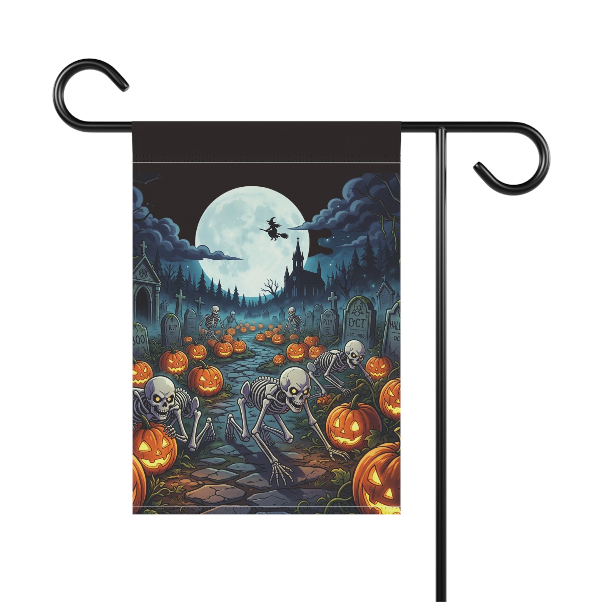 Halloween Skeleton & Jack-O'-Lantern Garden Flag — Spooky Moonlit Cemetery Yard Banner