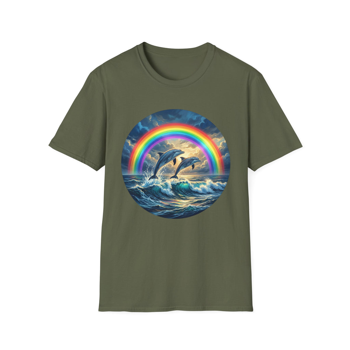 Dolphin Rainbow Wave T-Shirt — Ocean Sunset Graphic Tee