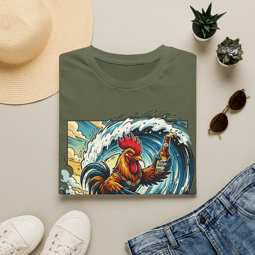 Surfing Rooster T-Shirt — Vintage Wave Rooster Holding Beer Graphic Tee